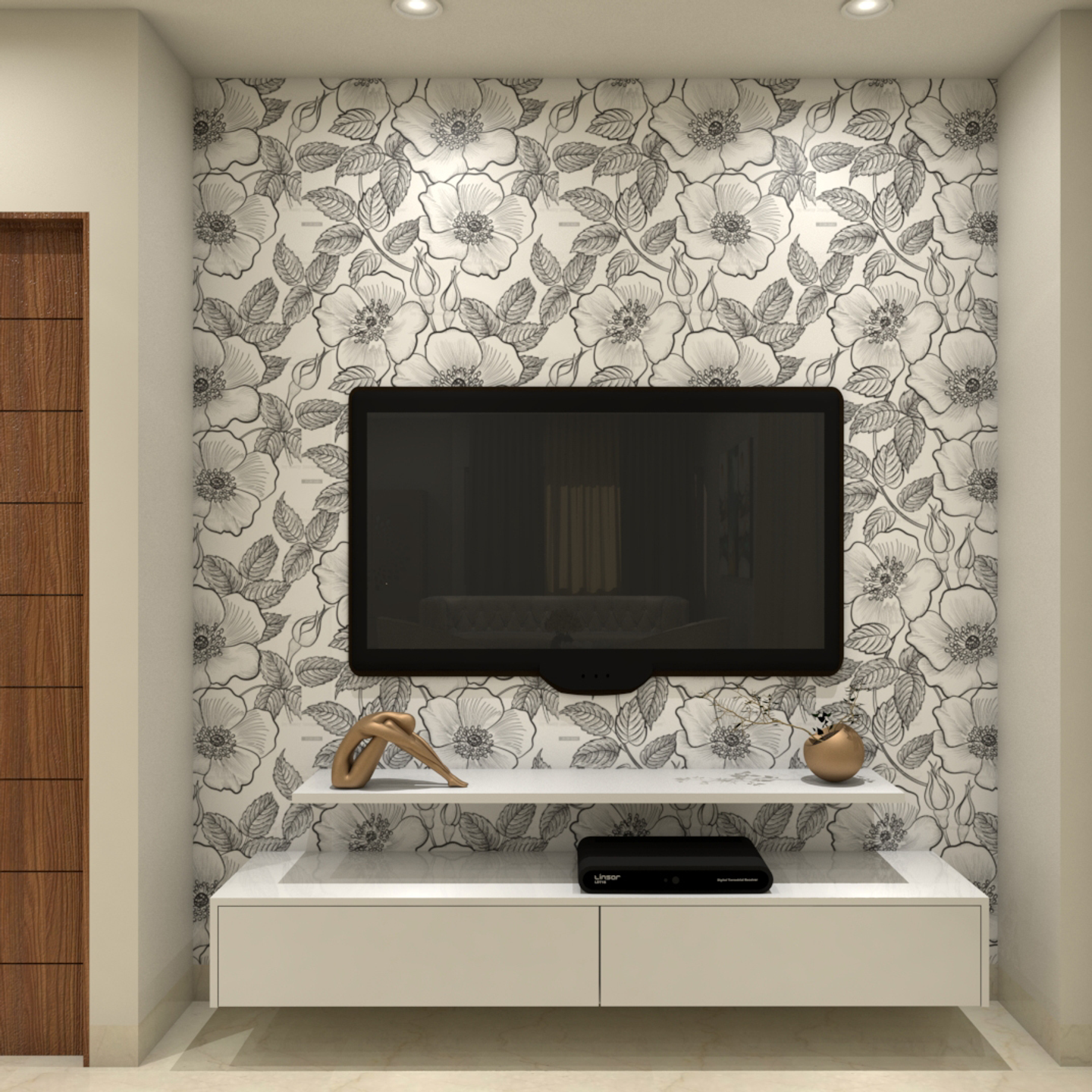 TV Unit Design With Floral Wallpaper - Livspace