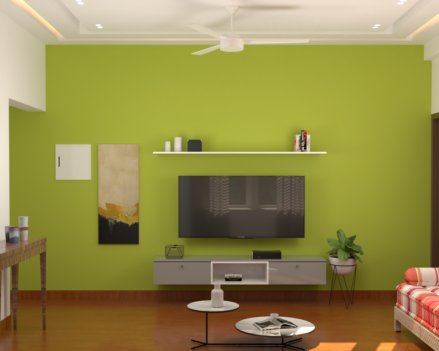 Spacious TV Unit Design With Green Backdrop | Livspace