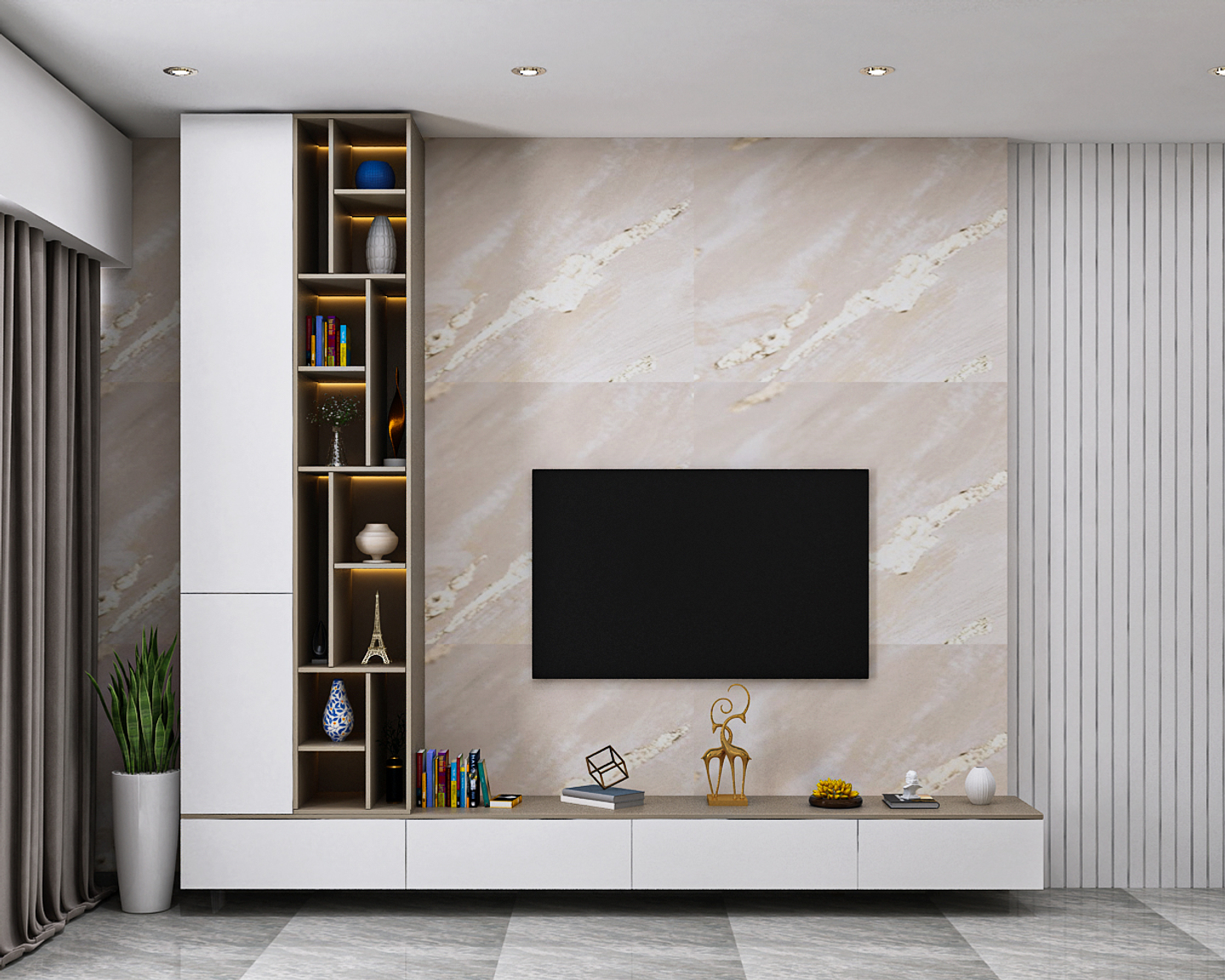 Modern TV Unit Design With Open Wall Shelf - Livspace