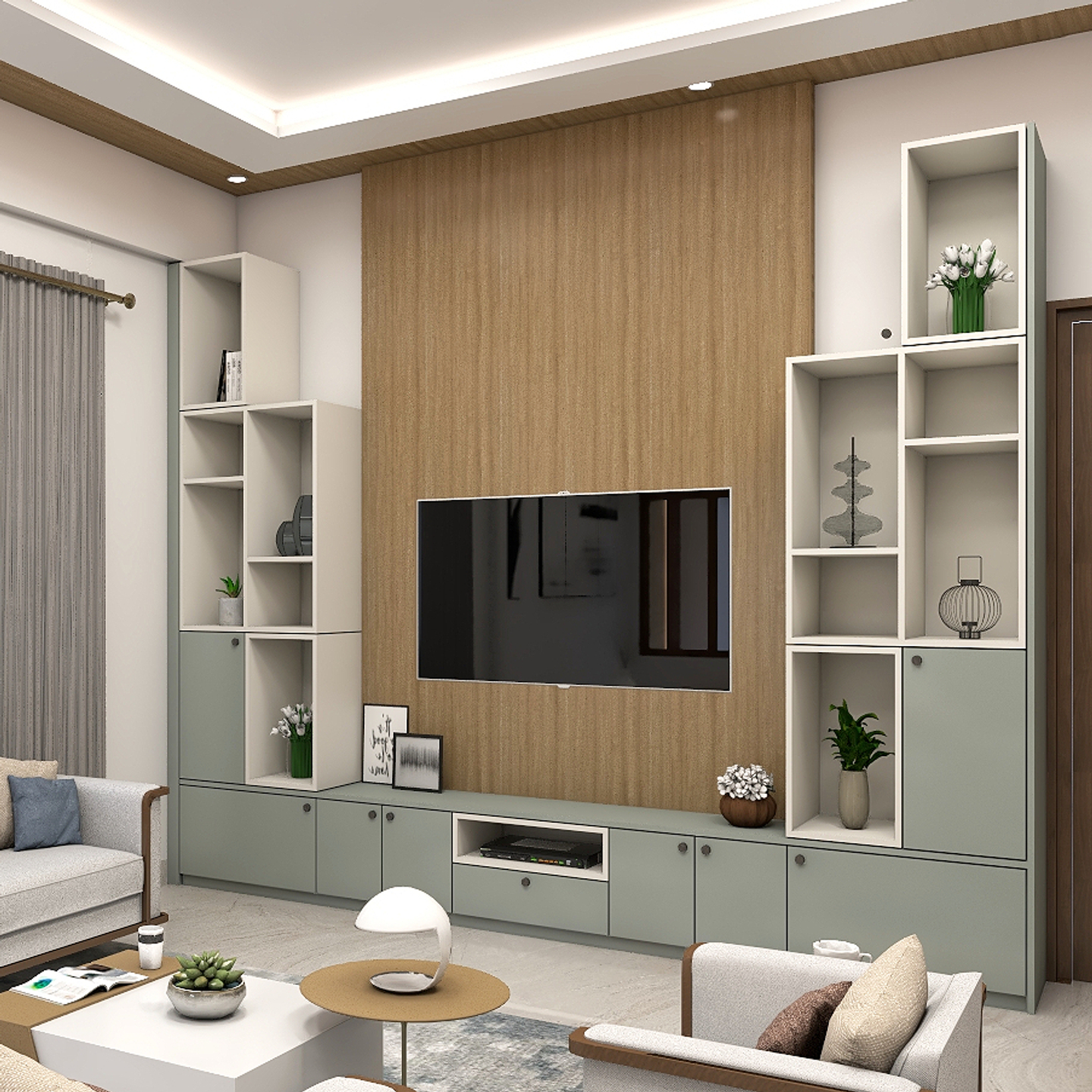 Modern TV Unit Design With Wooden Backdrop And Storage Units Livspace