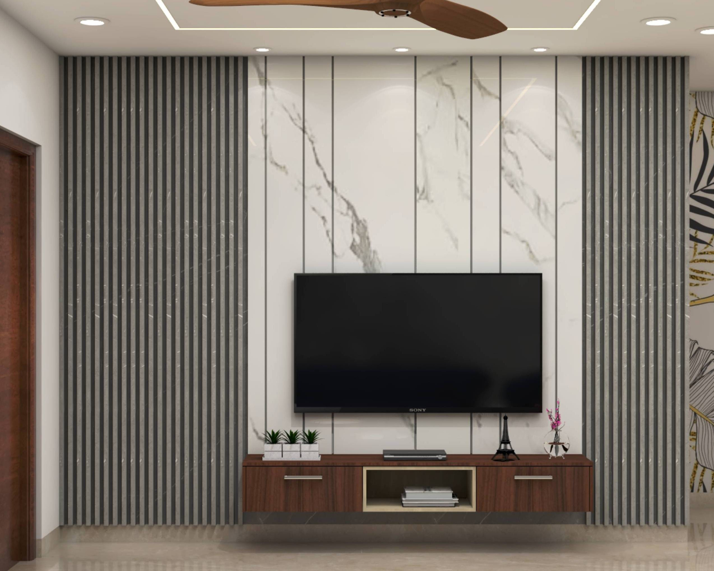 Compact TV Unit Design With White Marble Backdrop And Grey Panels