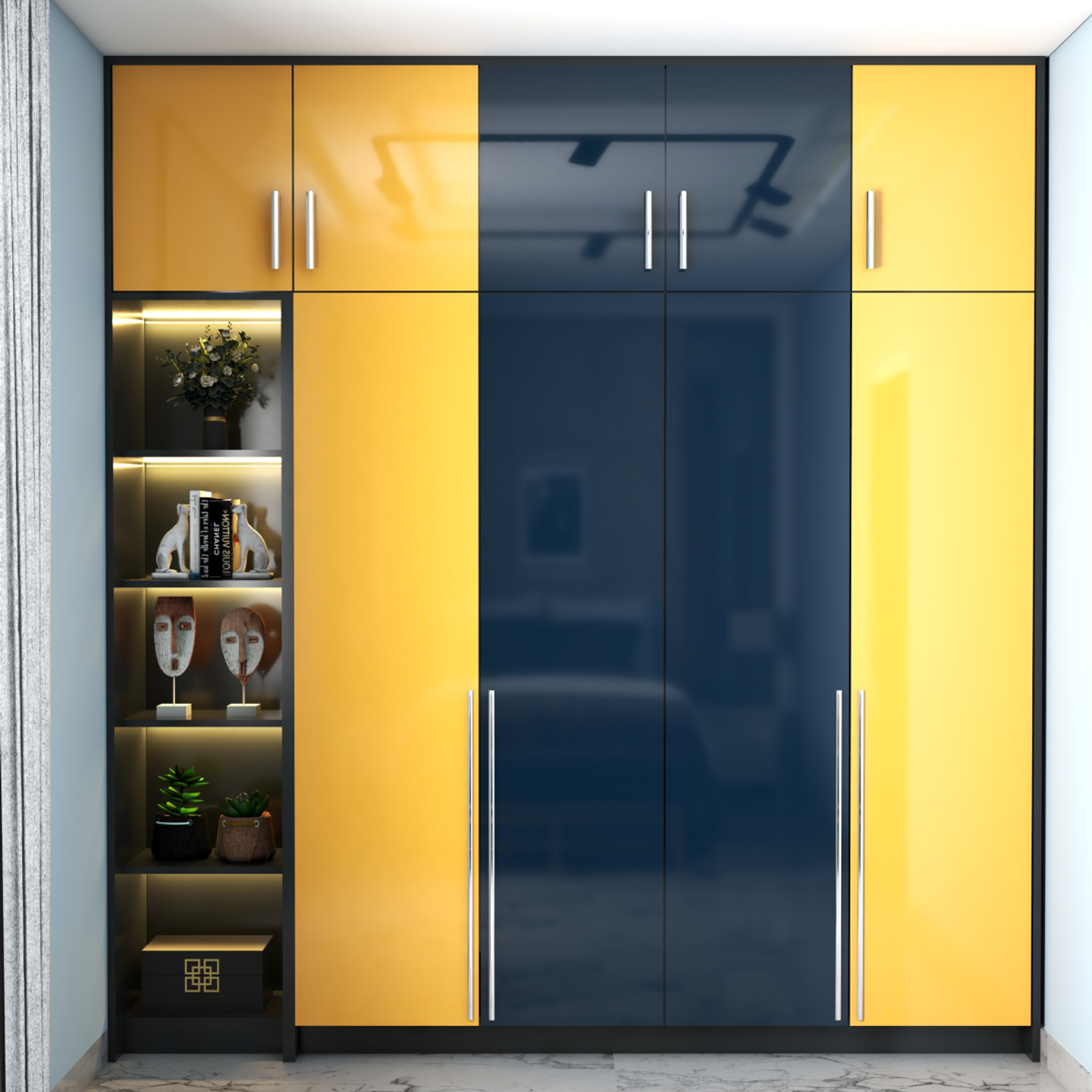 Compact Glossy Blue And Yellow Wardrobe Design With Open Decor Storage