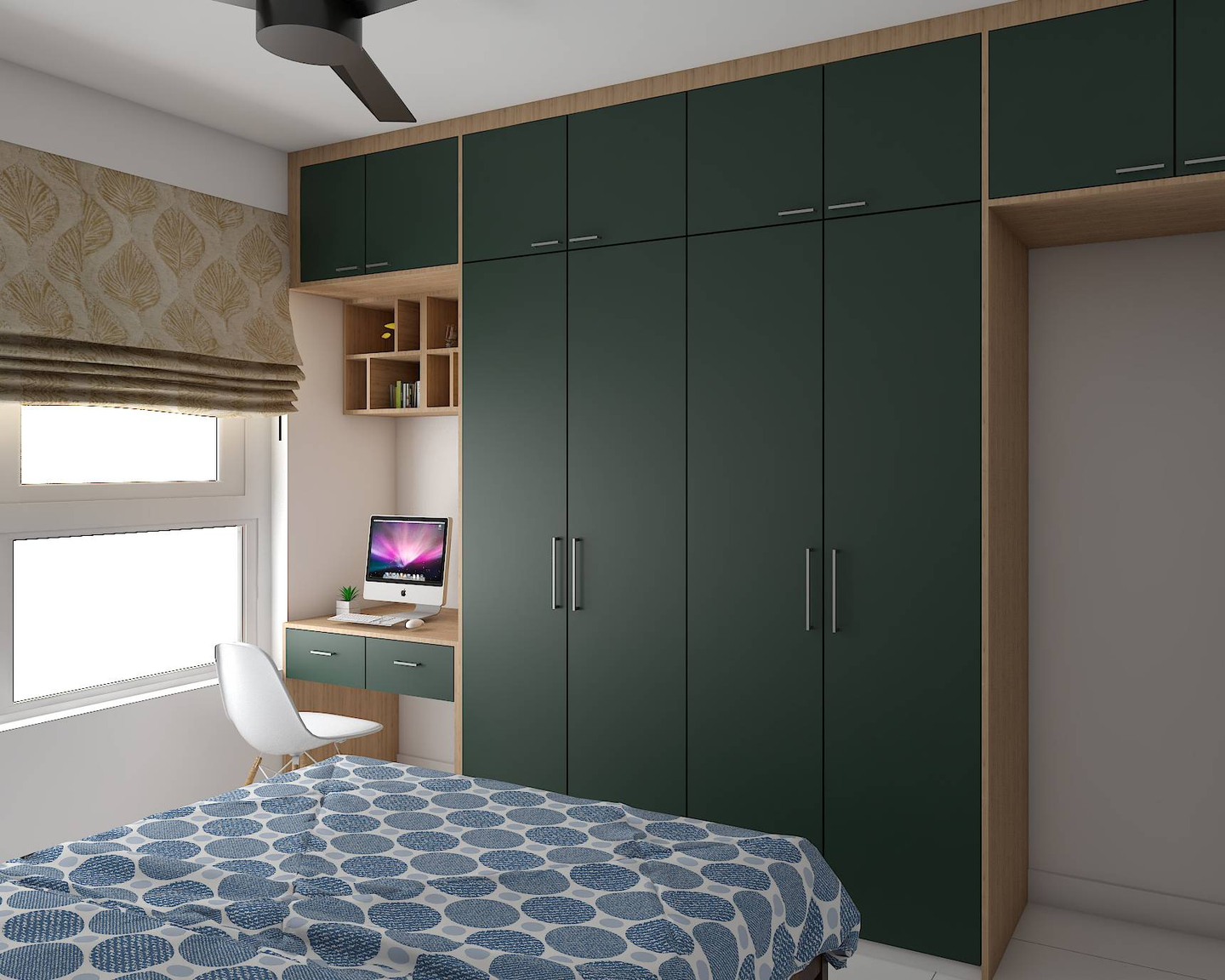 Spacious Dark Green Hinged Wardrobe Design With Lofts And Study Unit Livspace