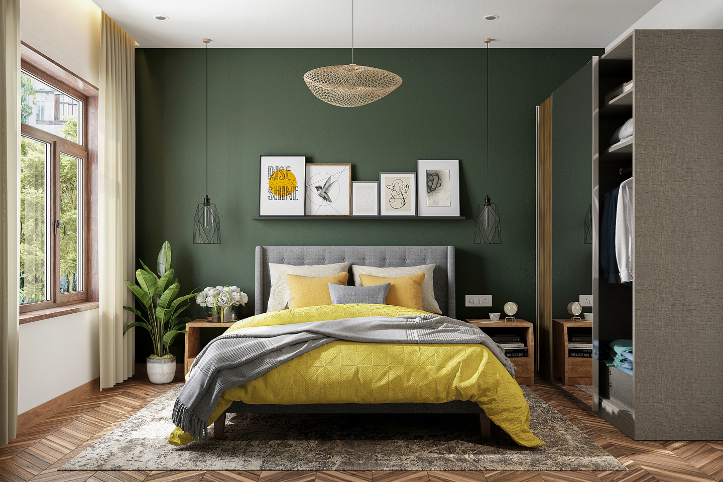 Modern Yellow And Green Master Bedroom Design With Artsy Frames | Livspace