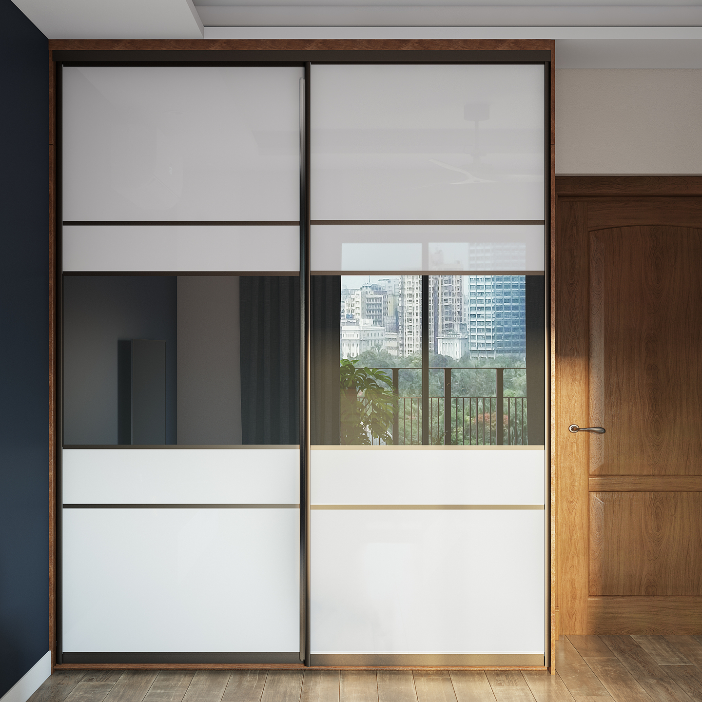 Modern Compact Wardrobe Design With Horizontal Mirror Livspace 3493