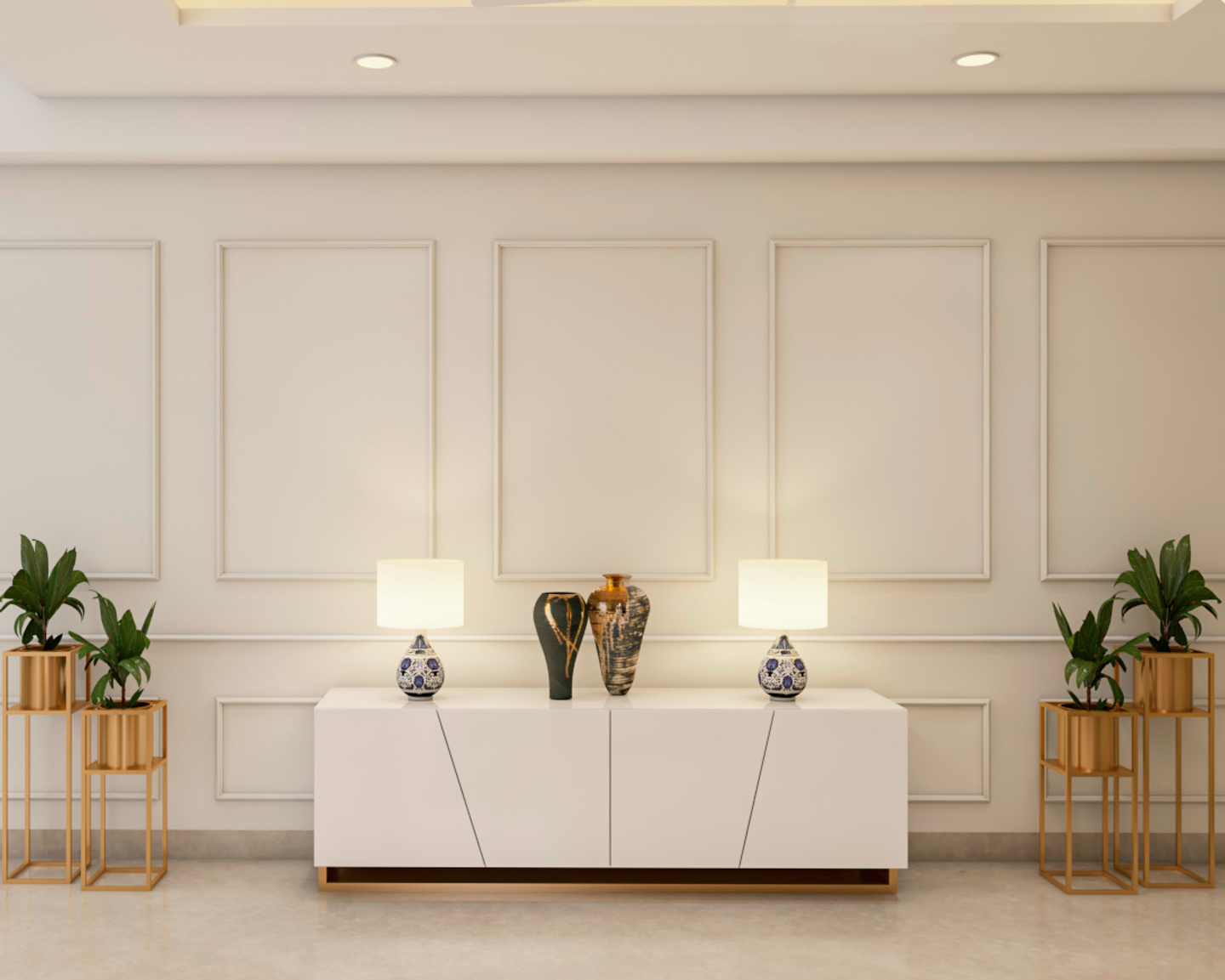 White Foyer Design with Multiple Trims and White Lamps Livspace