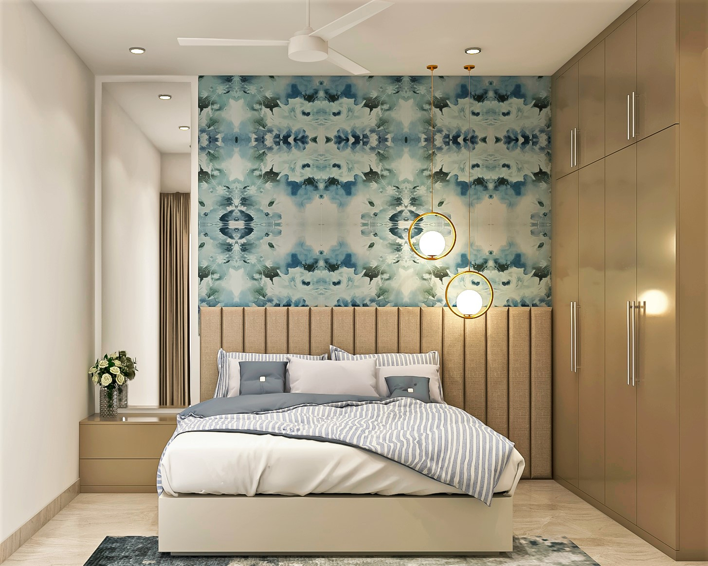 Modern Brown and Blue Themed Bedroom Design with Extended Headboard ...