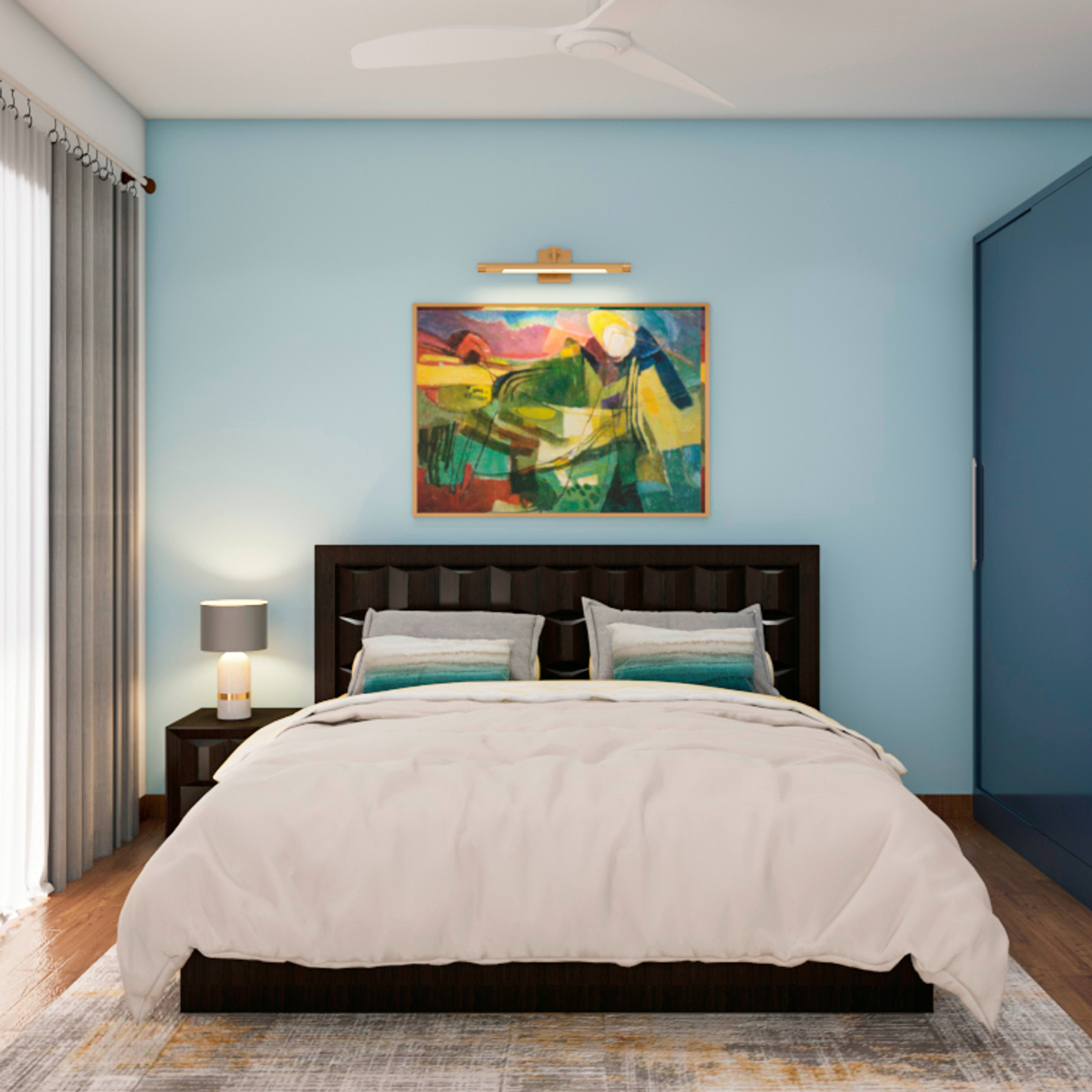 Blue Toned Bedroom with Wooden Furniture and Wall Painting | Livspace