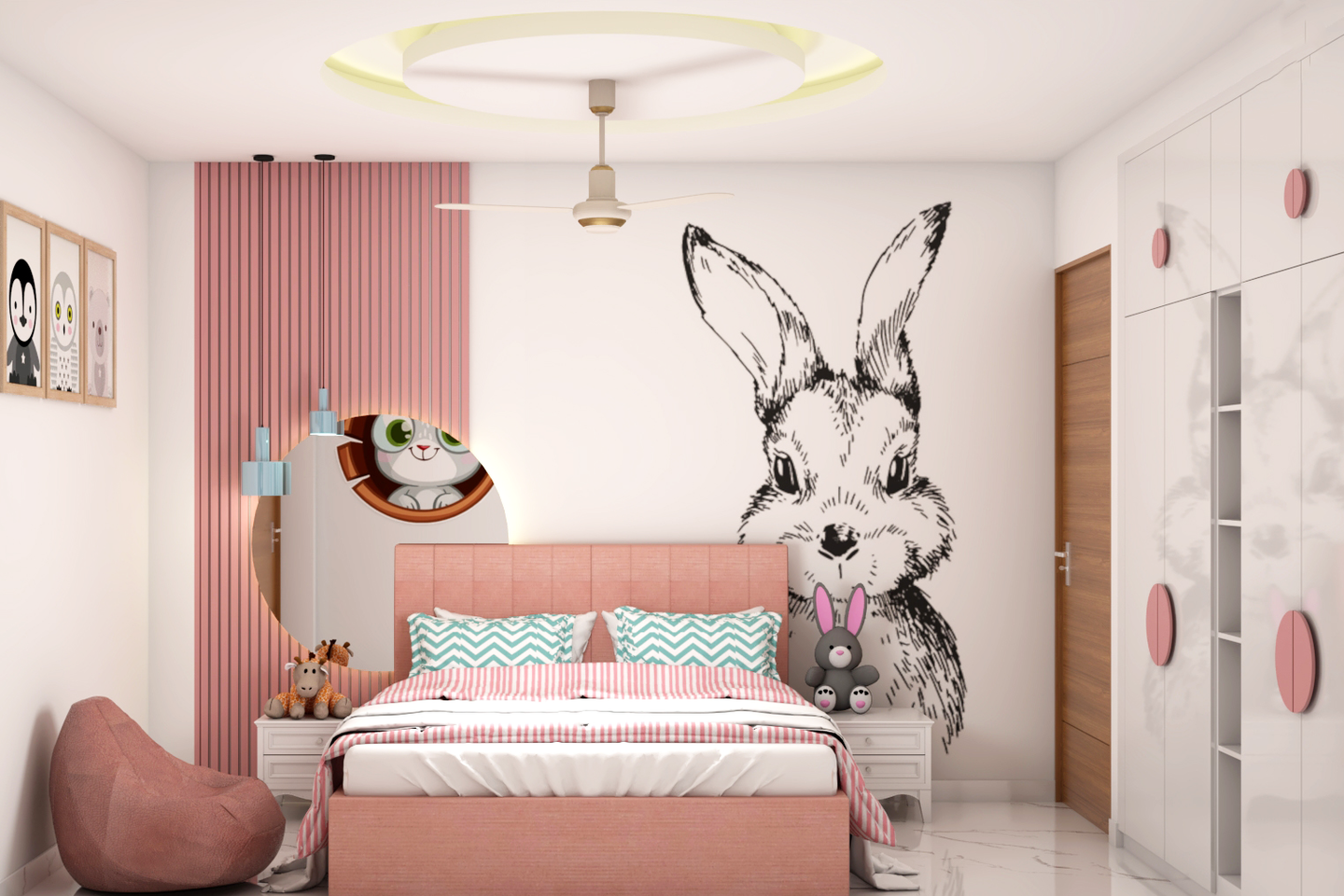 Kids Bedroom with Blush Pink Colour Theme and Bunny Wall Poster Livspace