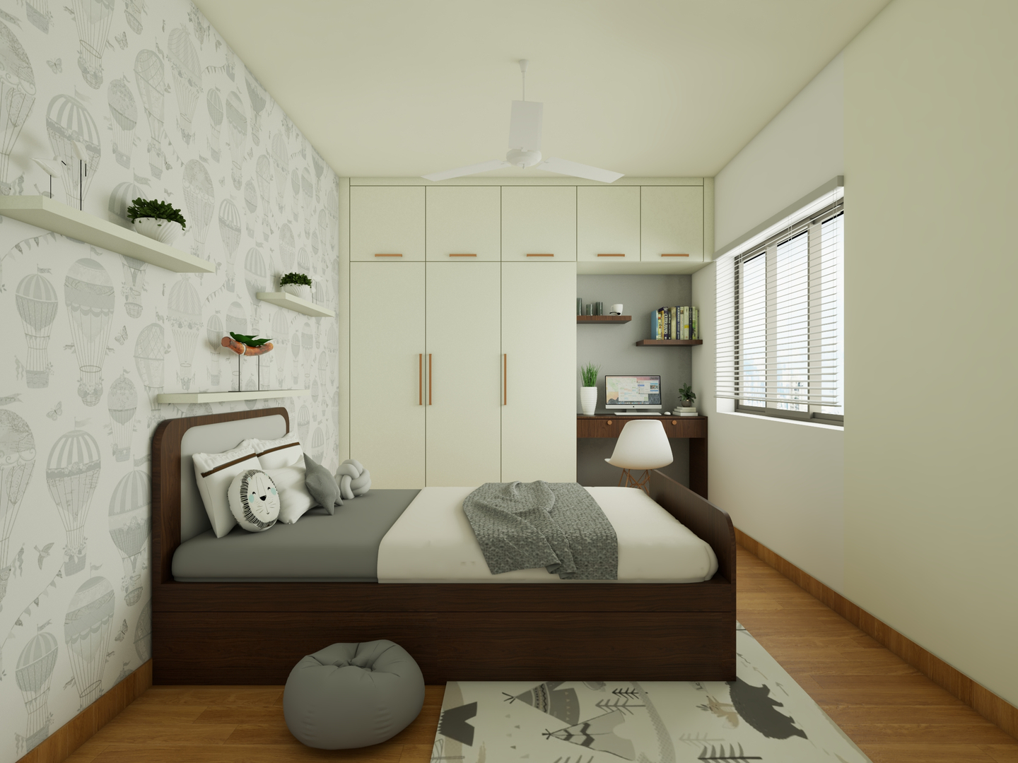 OffWhite Bedroom with Study and Parachute Wallpaper Livspace