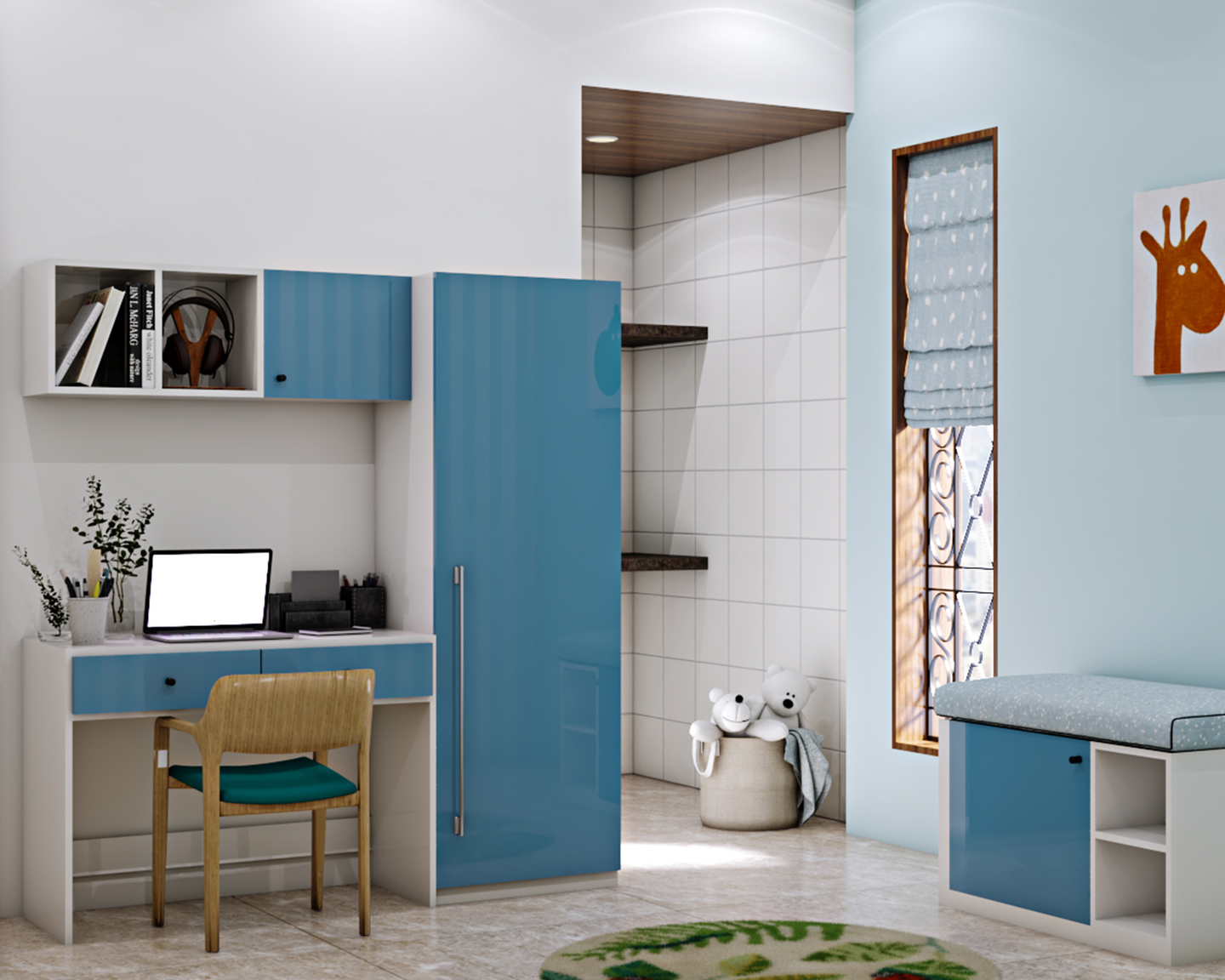 Blue-Themed Kids Bedroom with Minimalistic Furniture and Study | Livspace