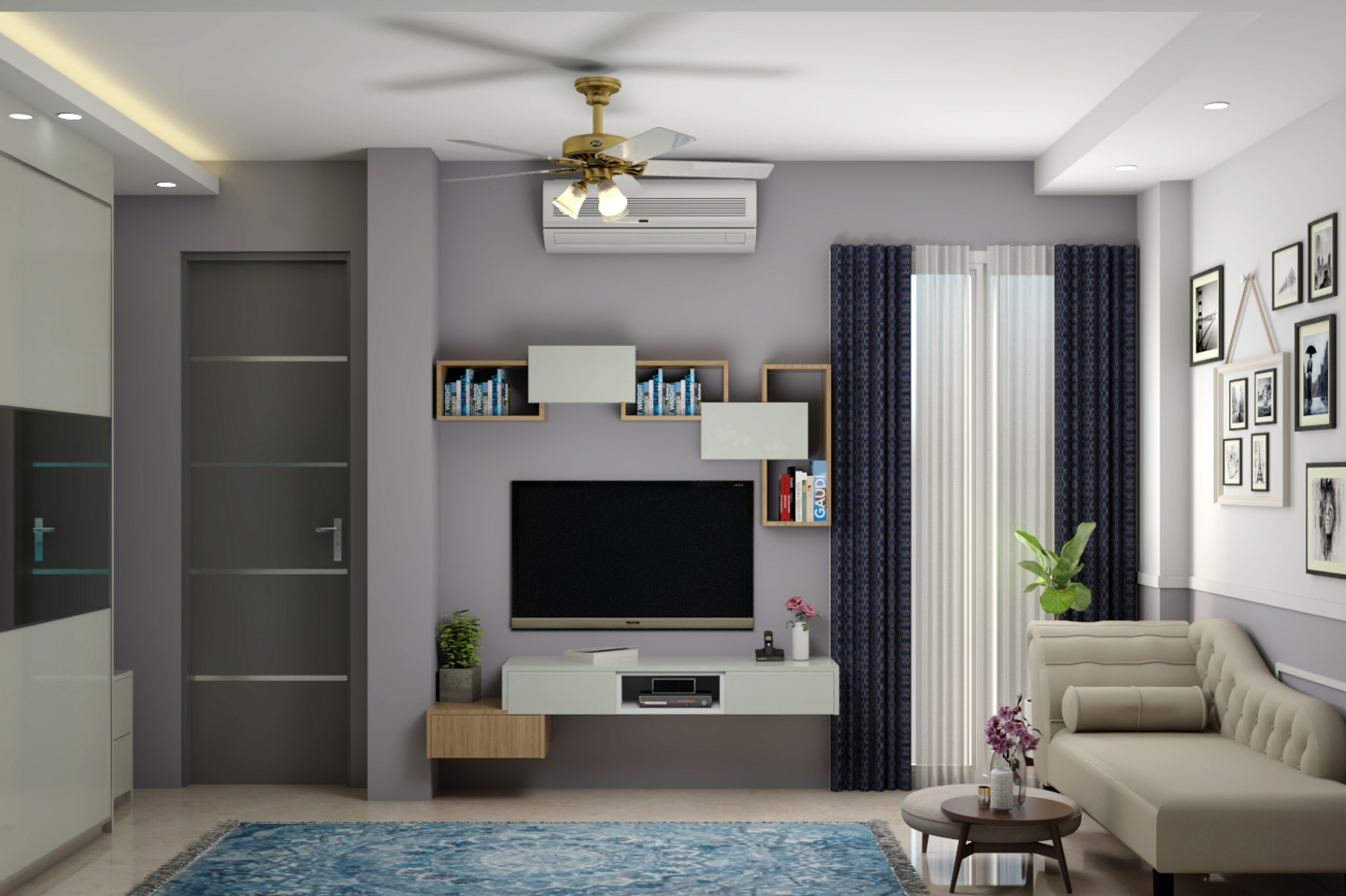 Spacious Blue And White Master Bedroom Design With Floral Wall Design ...