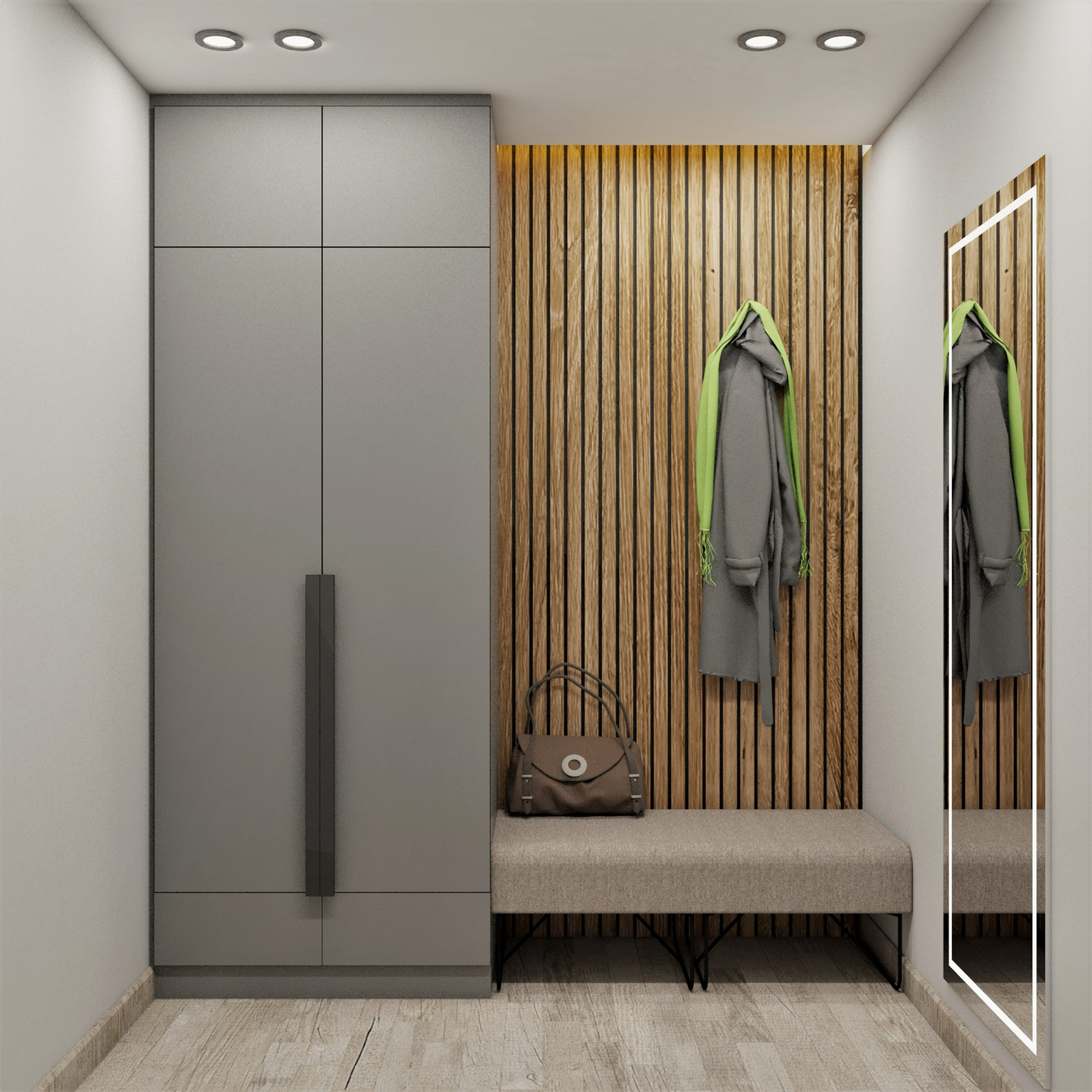 Wooden Panel Grey Hinged Modern Wardrobe Design Idea - Livspace