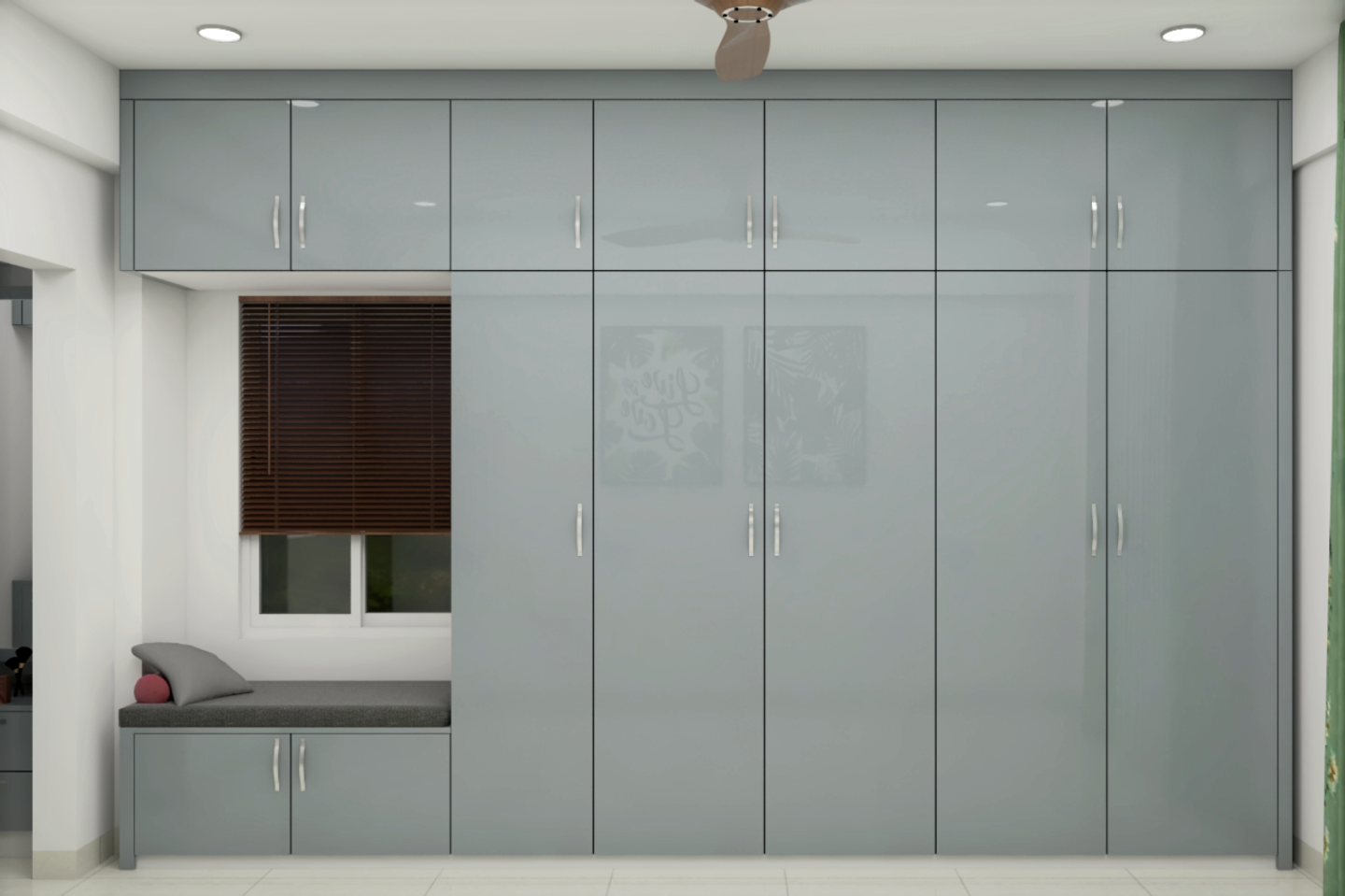 Glossy Hinged Modern Wardrobe Design With Loft And Seat Livspace