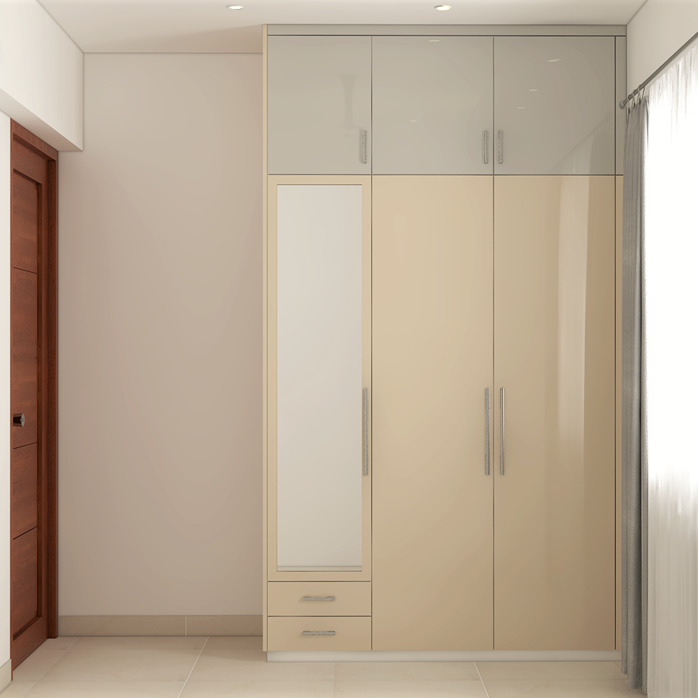 Dual Tone Glossy Hinged Modern Wardrobe Design with Loft and Mirror - Livspace