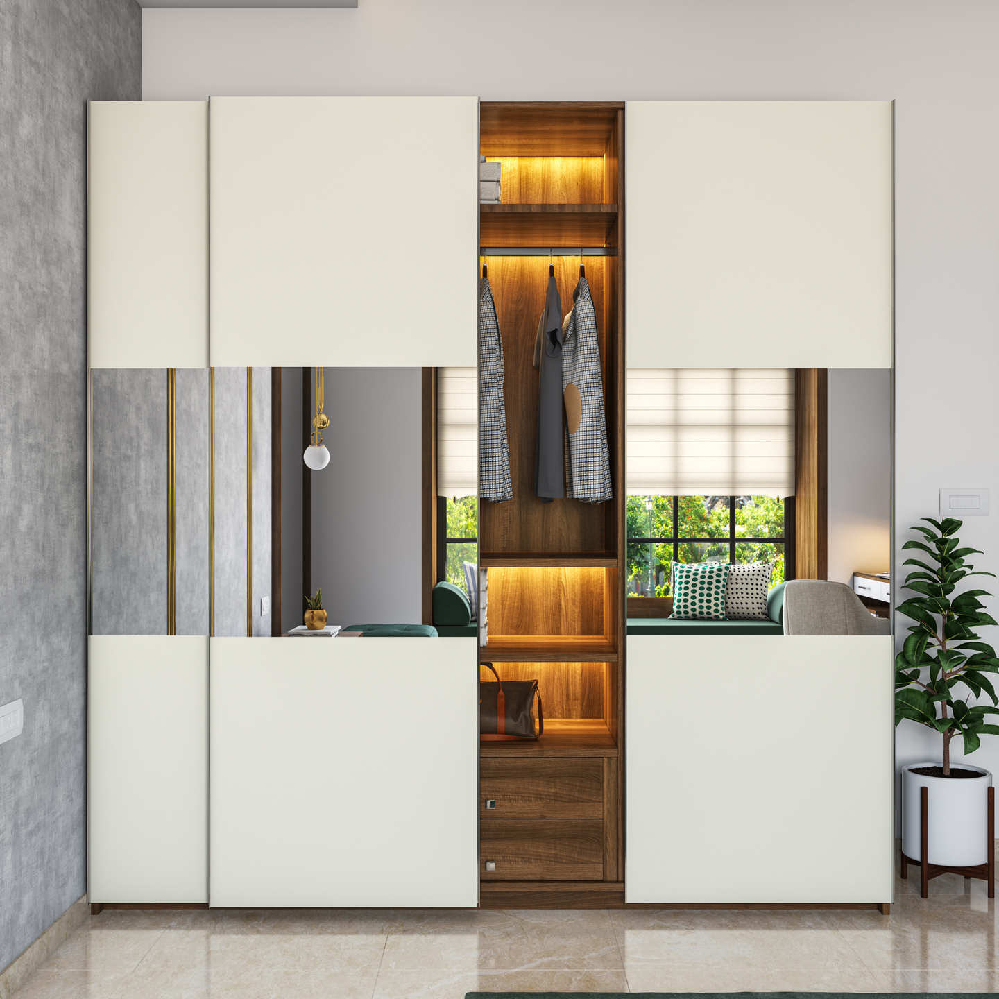 Modern White Wardrobe with Warm Lighting and Mirror Panels | Livspace