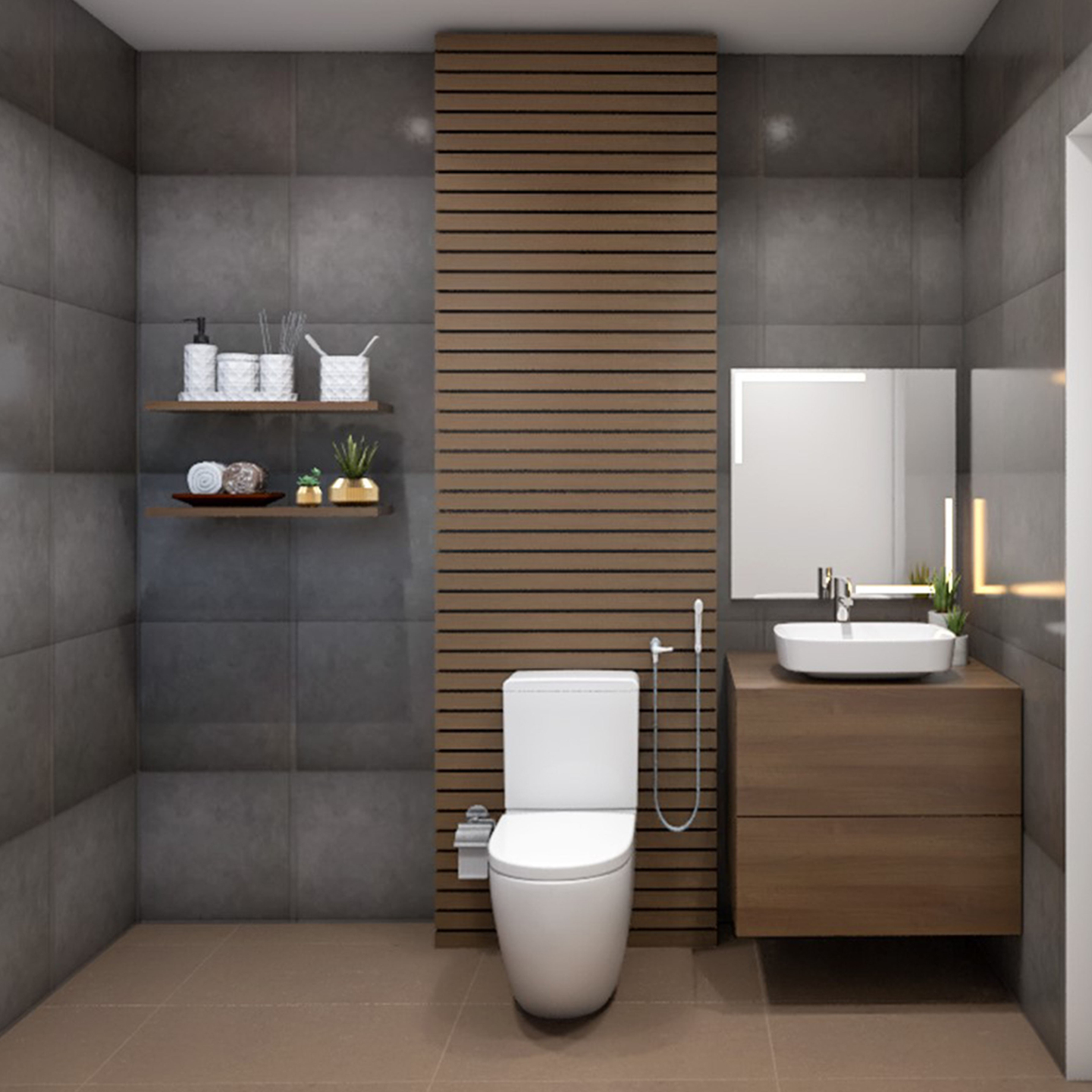 Compact Dark Grey Bathroom Design - Livspace