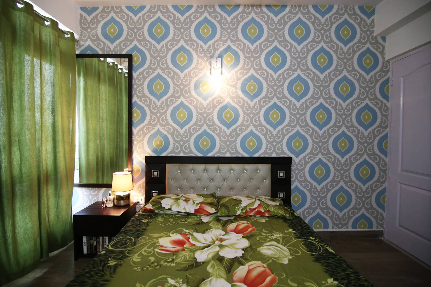 Guest Room With Patterned Wallpaper - Livspace