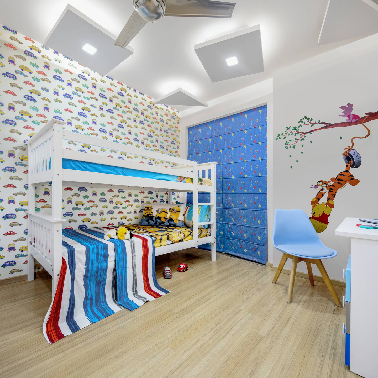 Kids' Room With White And Blue Bunk Bed And Wallpaper Designs - Livspace