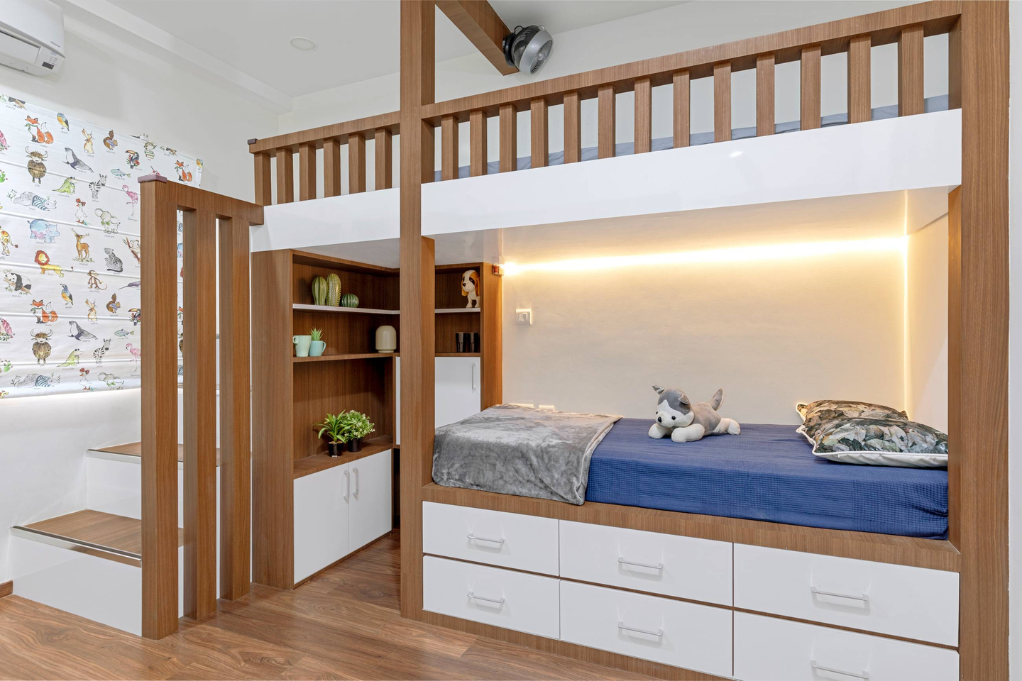Kids' Room With A Wooden Bunk Bed With Built-In Open And Closed Storage - Livspace