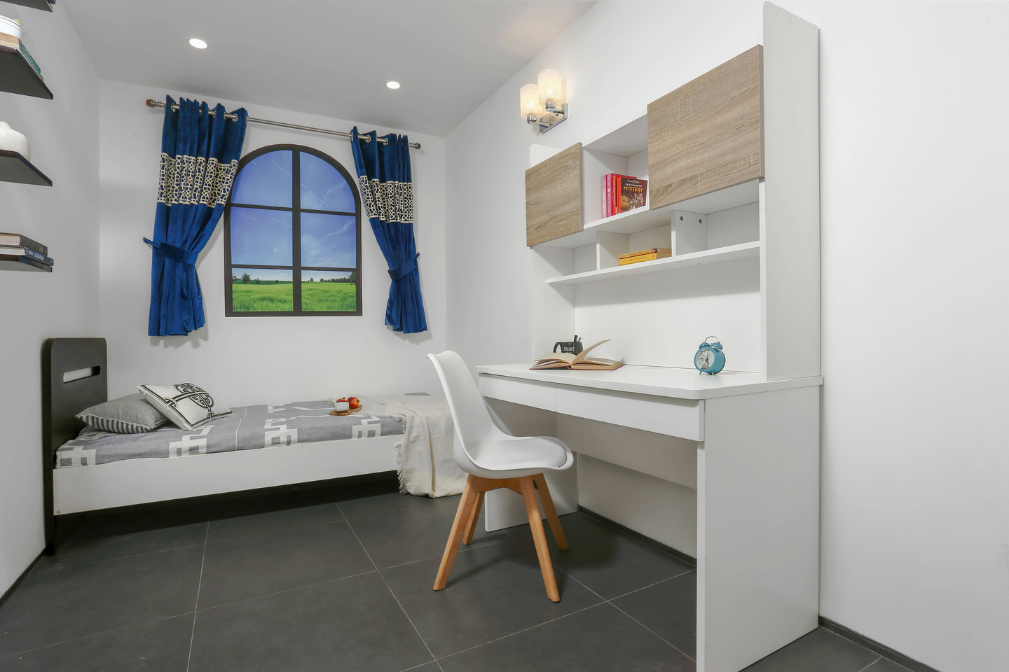 Modern Kids Bedroom Design With A Single Bed And Seamless White Walls