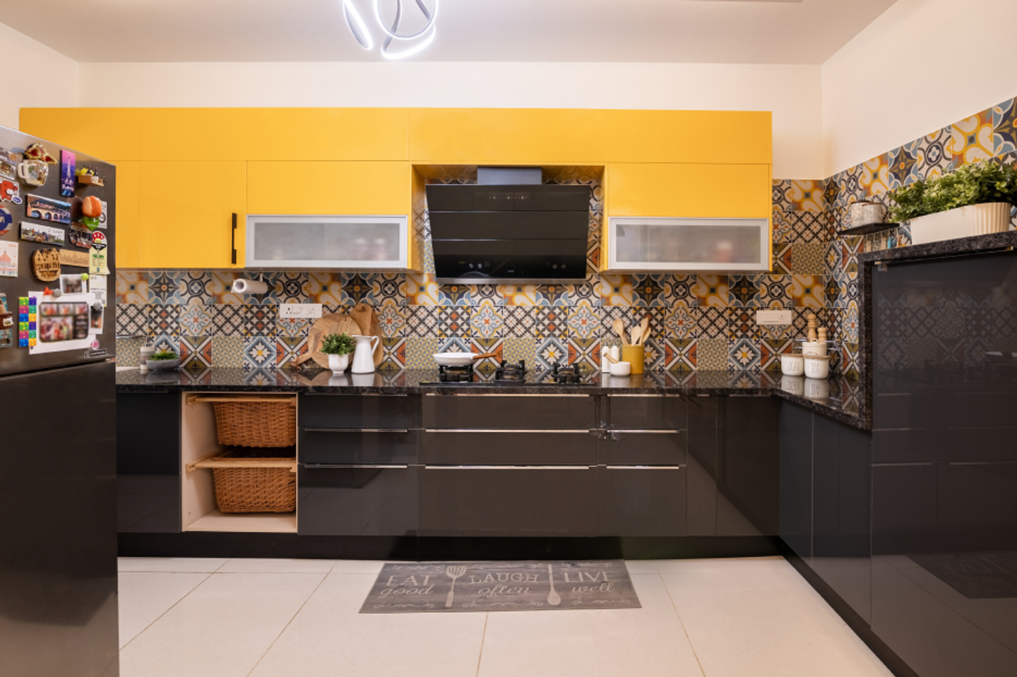 Classic Modular L-Shaped Kitchen Cabinet Design With Yellow Loft Units