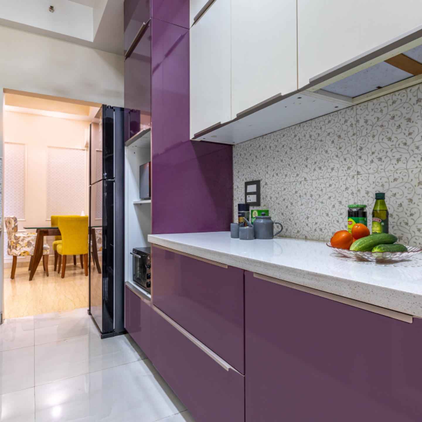 Modern Modular Parallel Kitchen Design With Floral Backsplash Tiles
