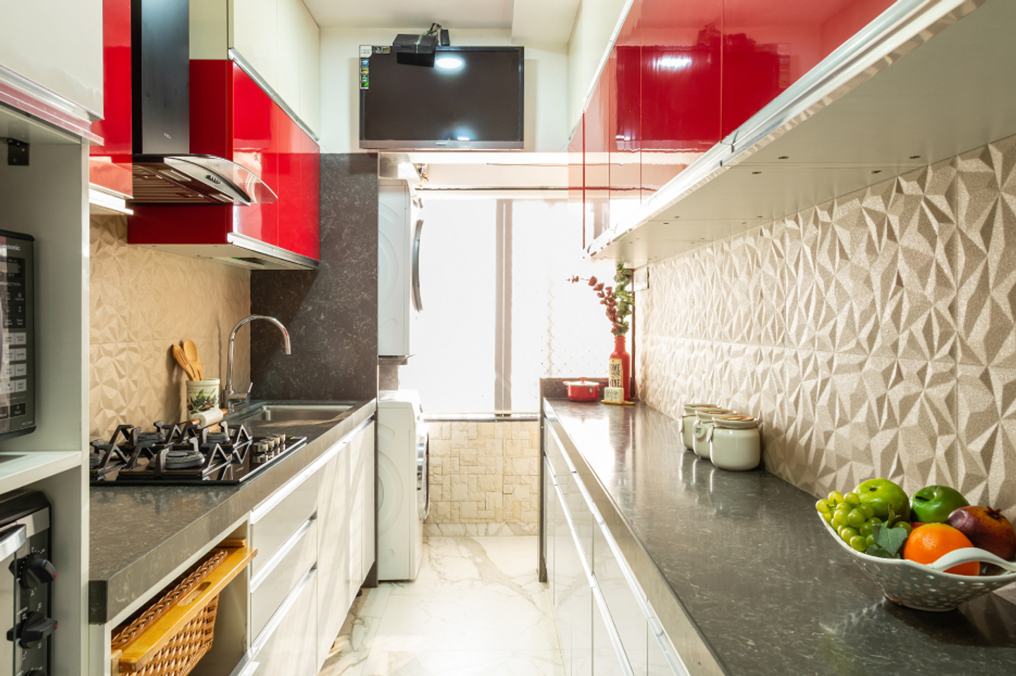 Modern Parallel Kitchen Design With 3D White Backsplash Tiles