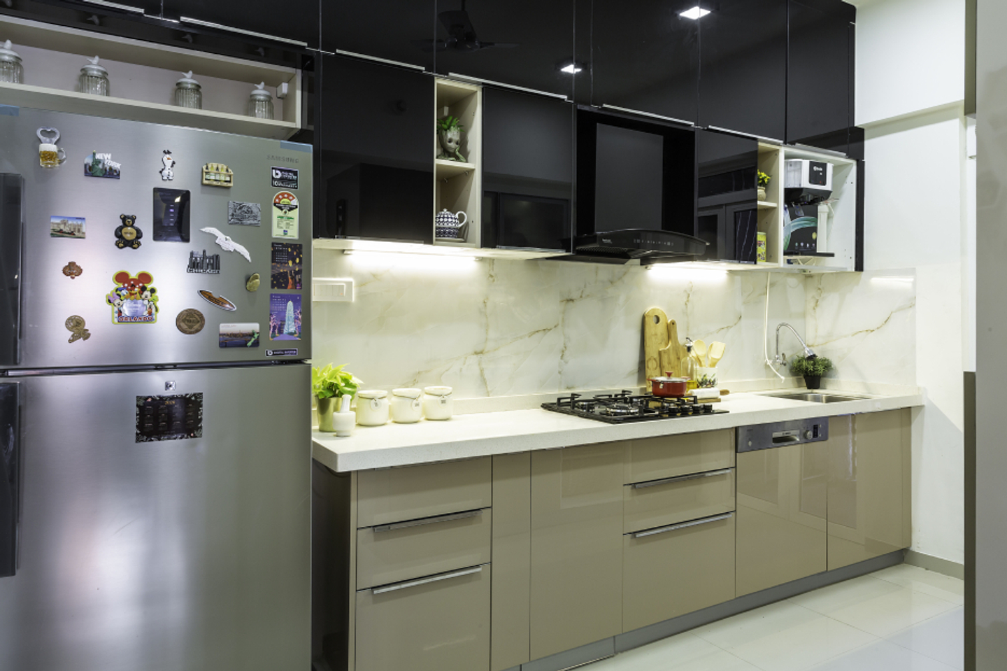 Parallel Kitchen Design With Wall Shelves - Livspace