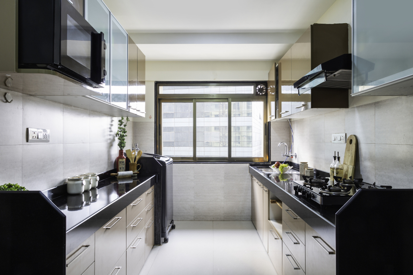 Beige Parallel Kitchen Design - Livspace