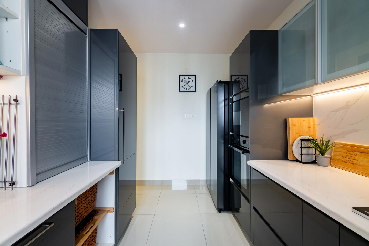 Modern Parallel Kitchen Design With A Glossy Finish