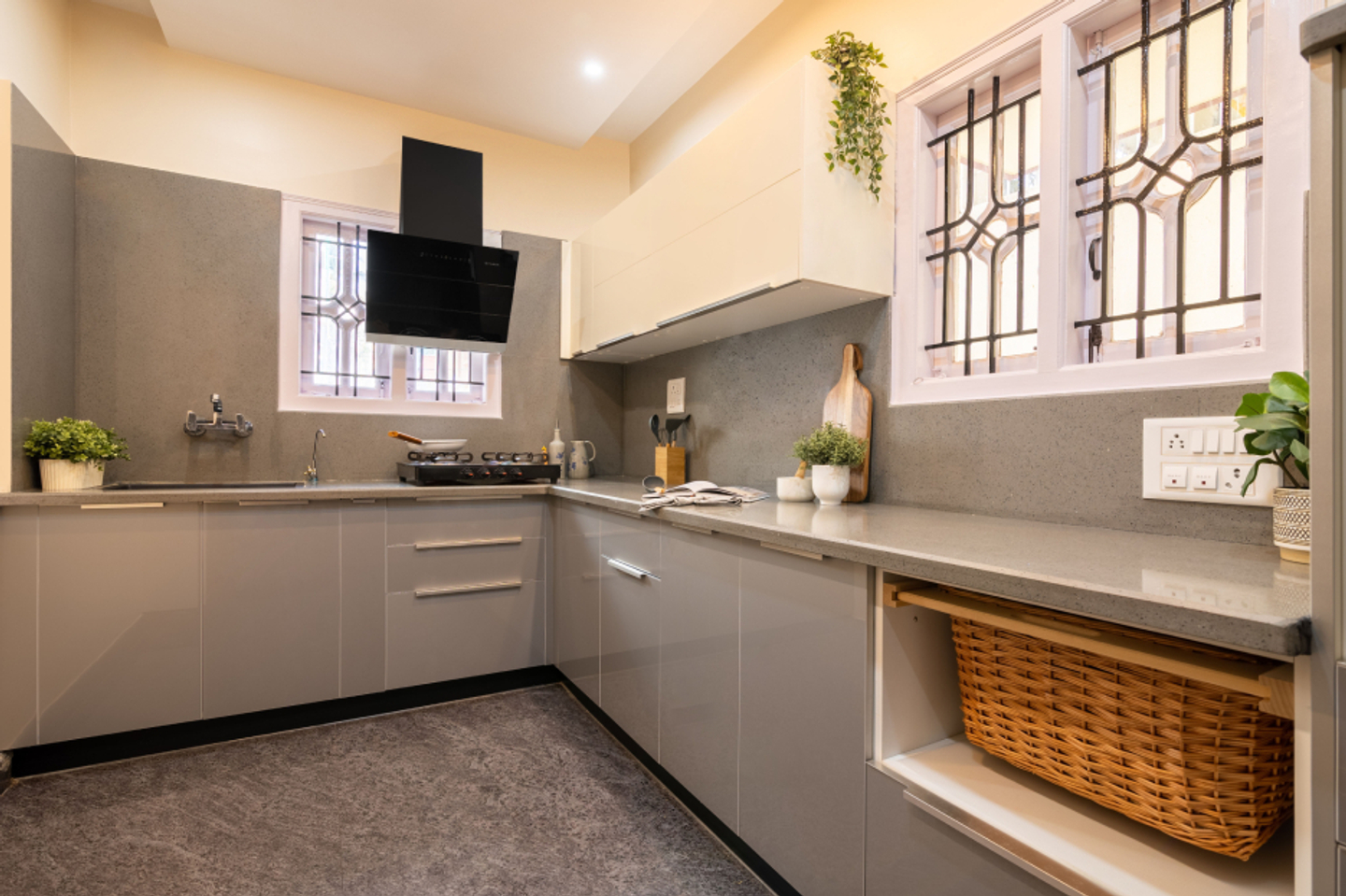 Classic L-Shaped Modular Kitchen Design With Grey Countertop And Storage Cabinets
