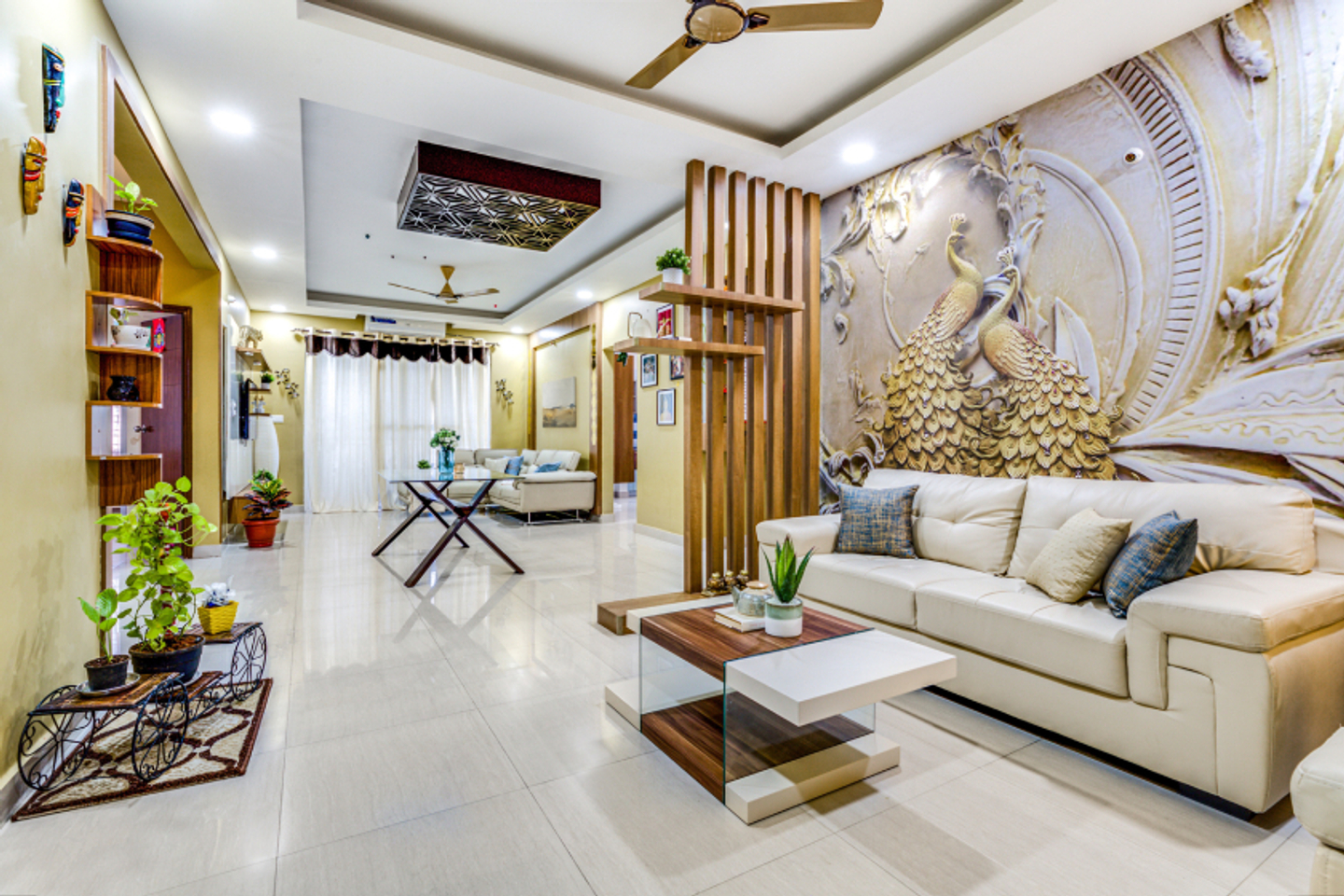 Cream-Coloured Living Room Design - Livspace