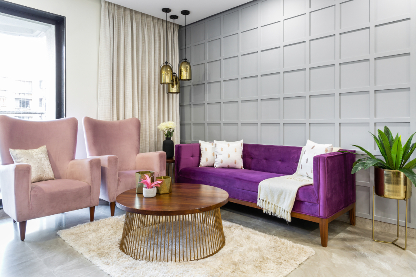 Modern Living Room Design With Checkered Wall Paneling
