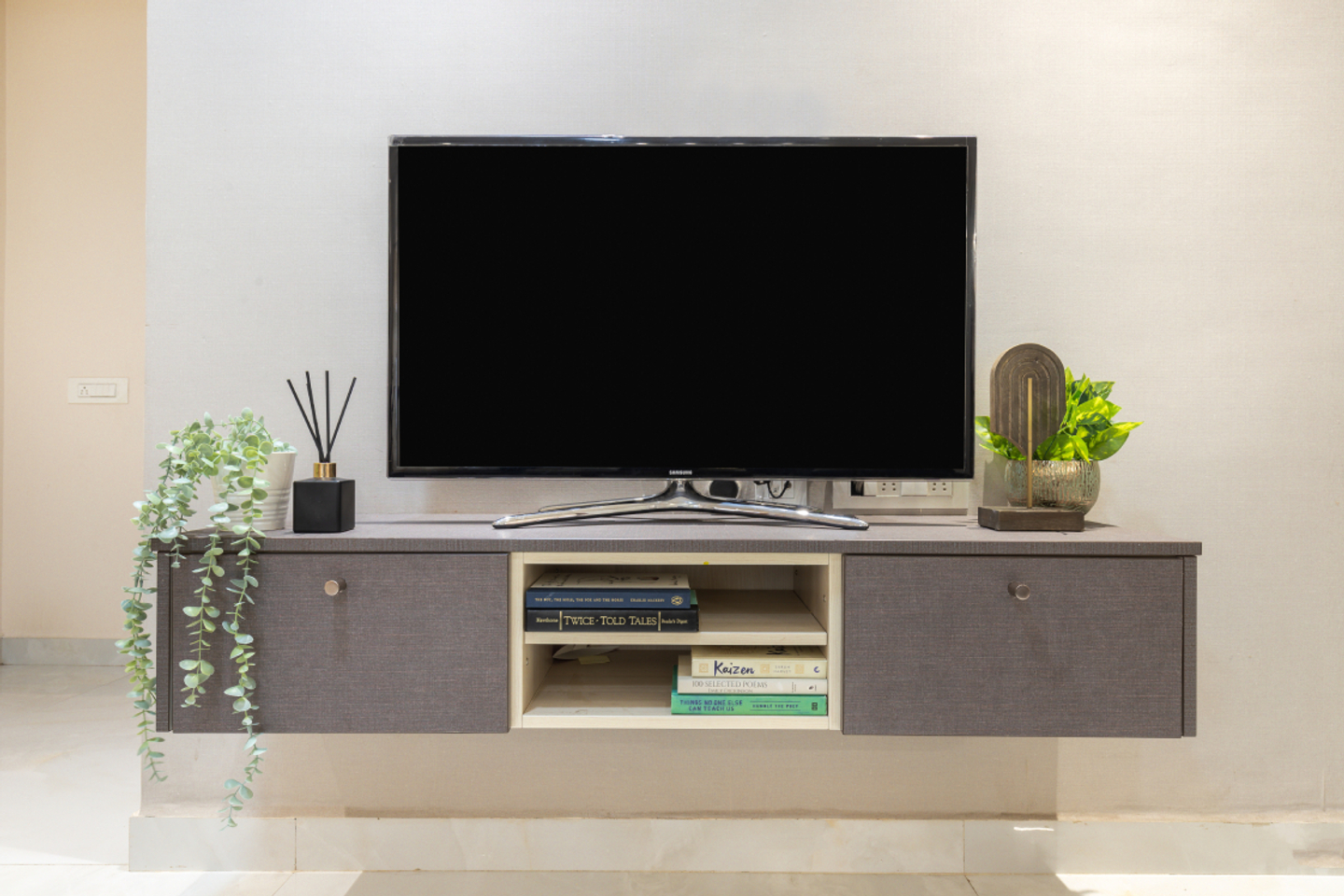 Dark Grey And White TV Unit Design Livspace