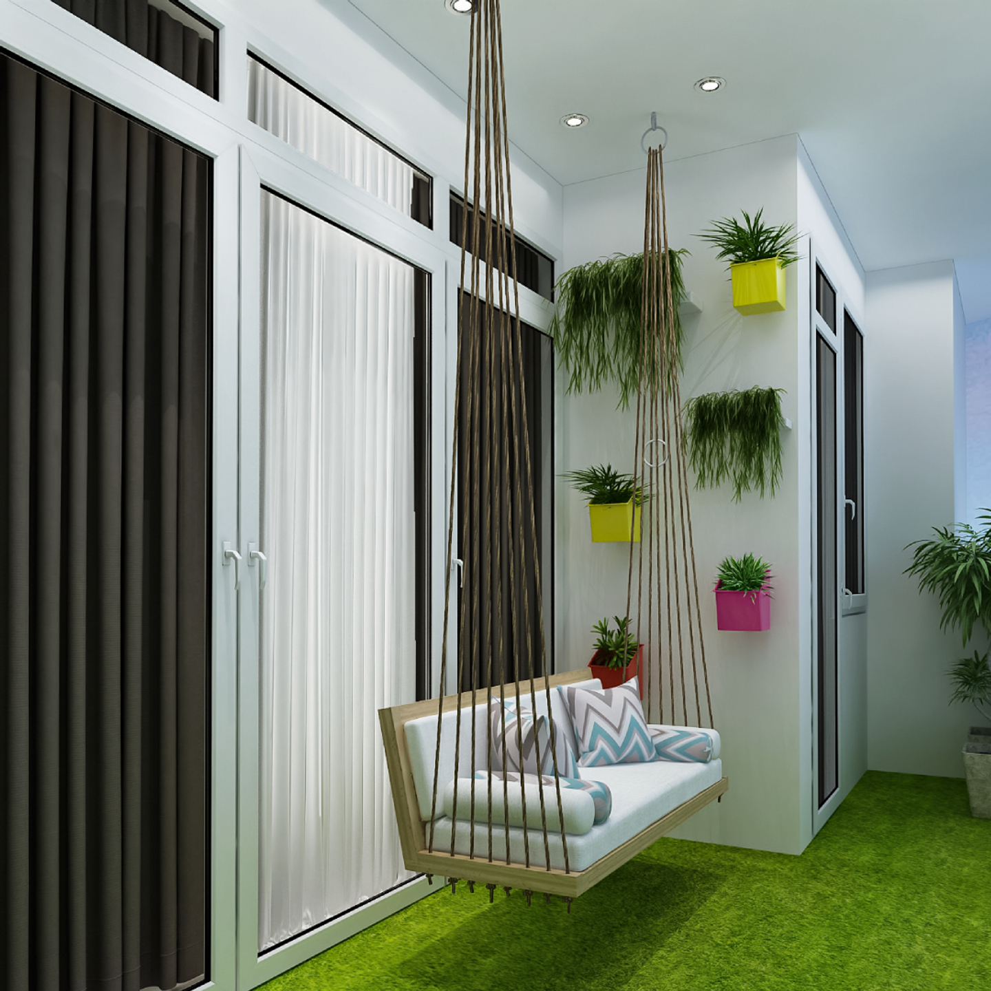 Balcony Design With A Hanging Swing And Grass Flooring - Livspace