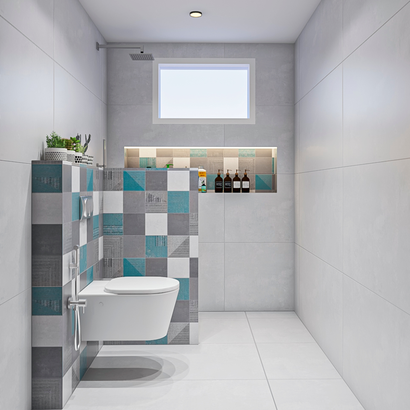 White Contemporary Bathroom with Grey and Blue Wall Accents Livspace