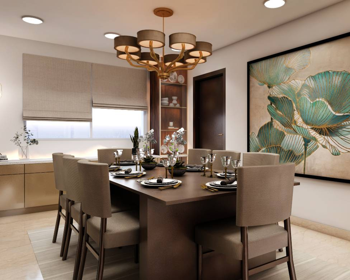 Spacious Dining Hall Design With Brown Upholstered Chairs | Livspace