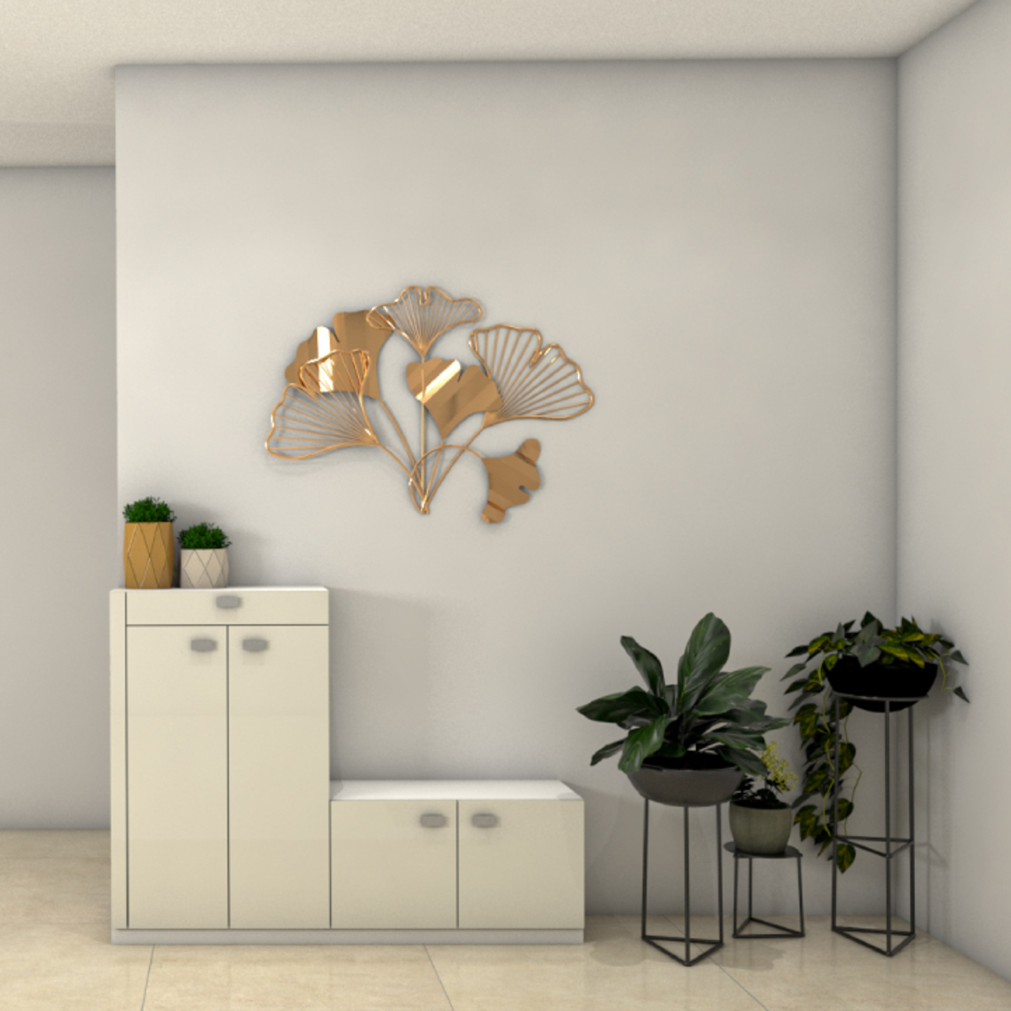 Small Foyer Design With Indoor Plants And Metallic Wall Art | Livspace