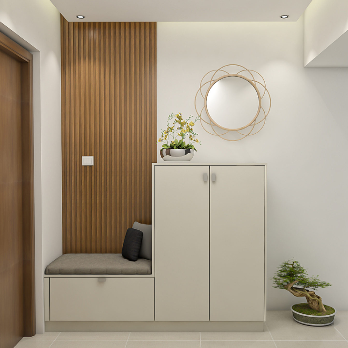 Foyer Design With L-Shaped White Unit For Storage And Seating - Livspace