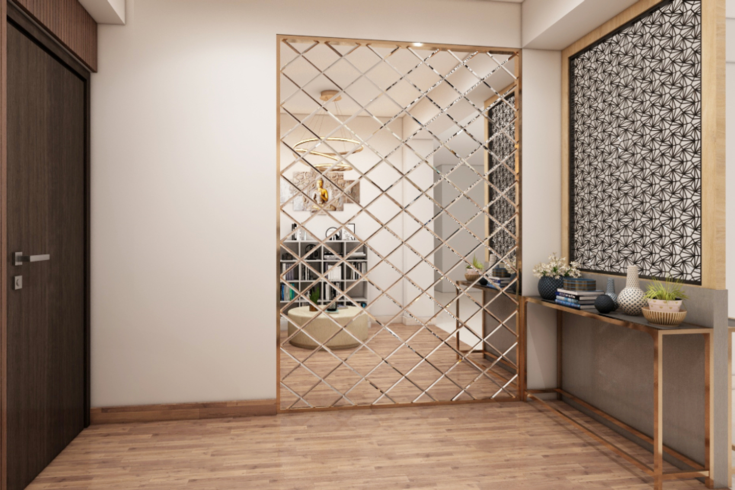 Contemporary Foyer Design With A Metallic Gold Storage Unit