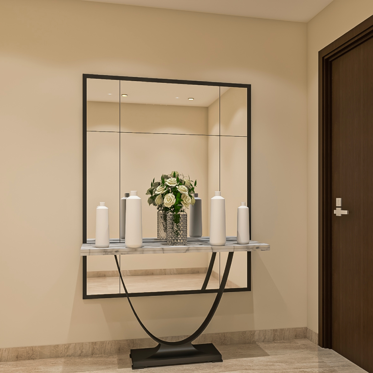 Spacious Foyer With Large Square Mirror And Ambient Lighting - Livspace
