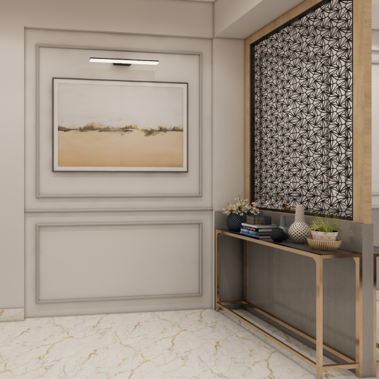 Foyer Design With Metallic Table With A Grey Top - Livspace