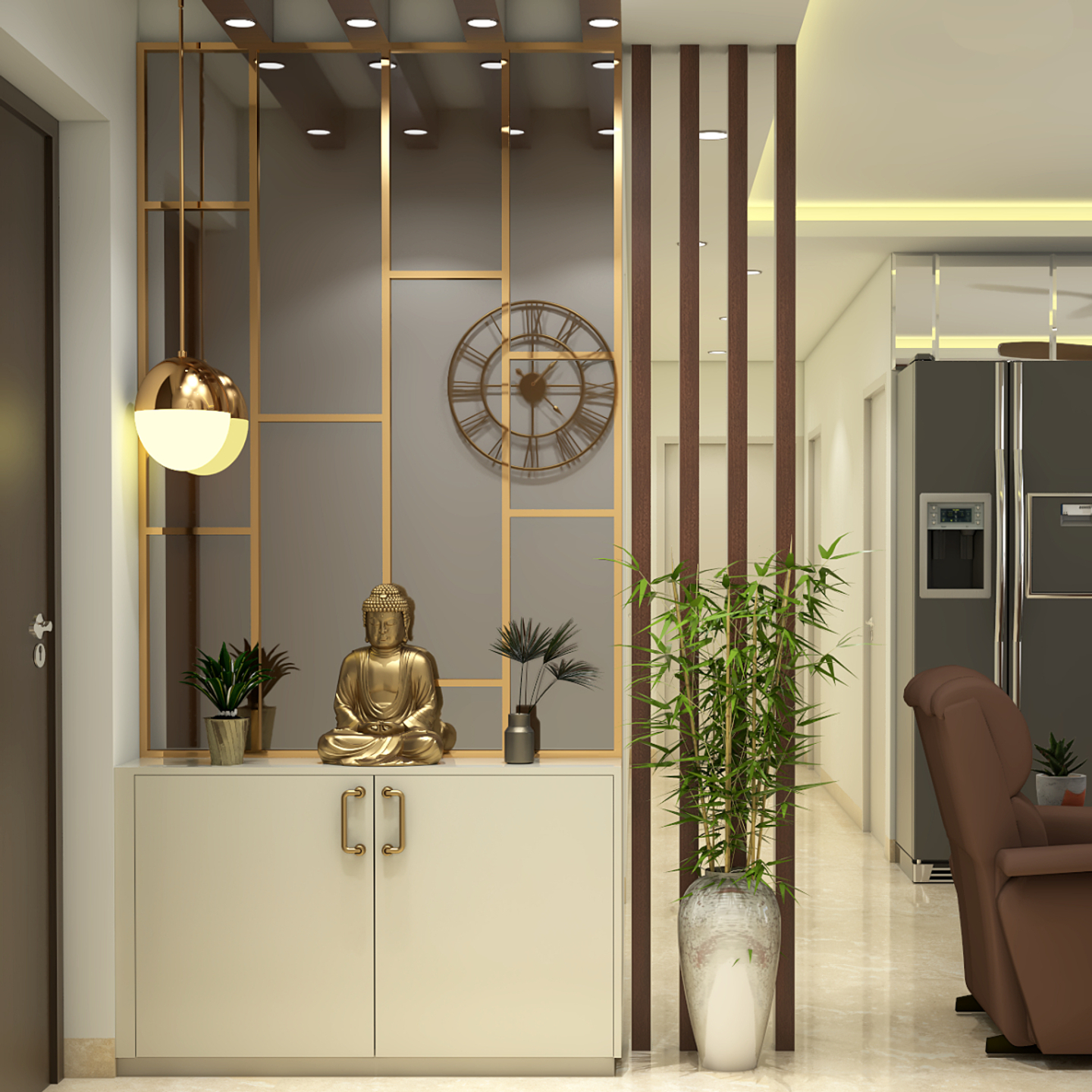 Mirrored Wall Panel Foyer Design With Storage And Planter Livspace   Foyer View 1 1 1667542661 KNrKT 