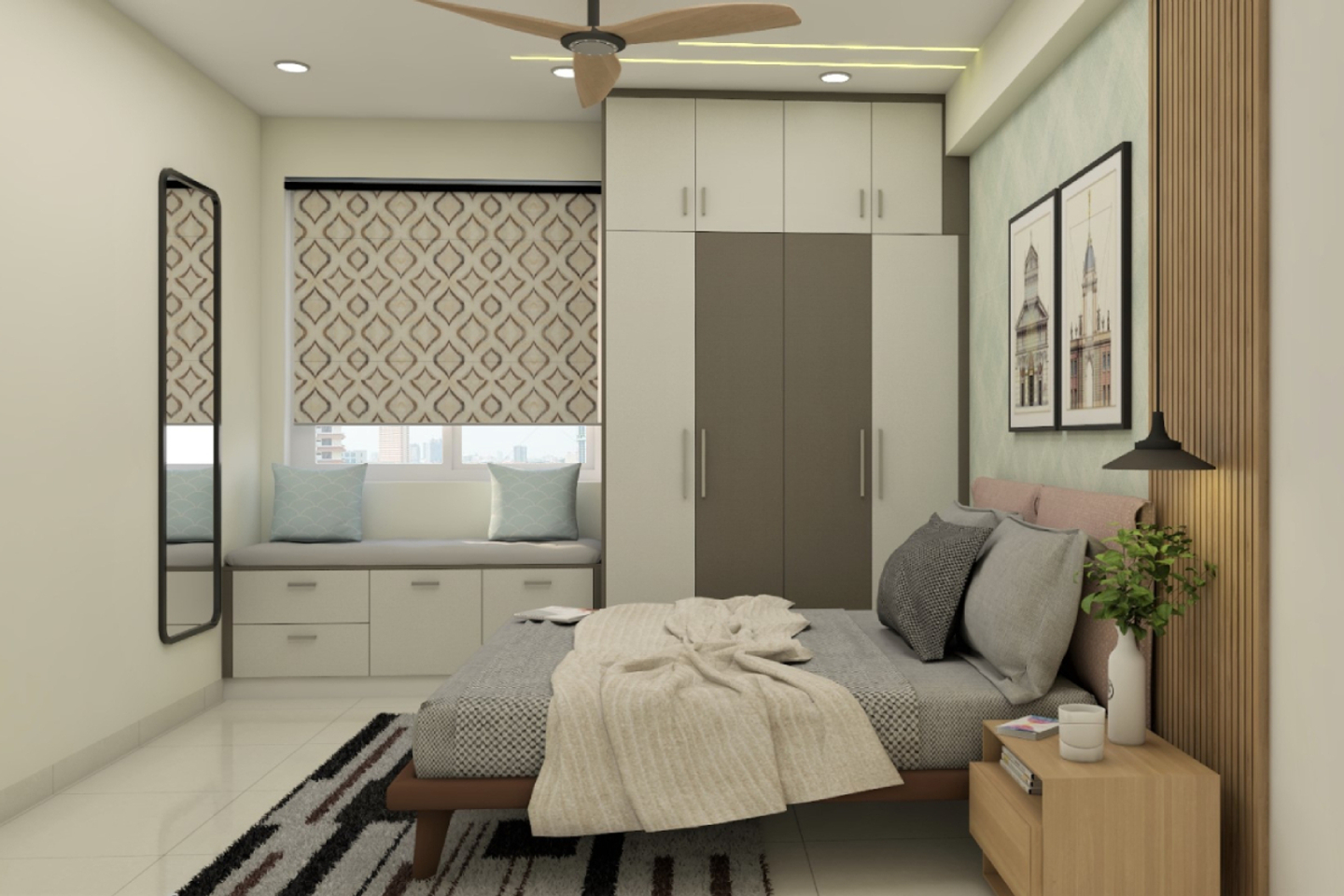 Spacious Guest Bedroom With A Bay Window With Storage Livspace