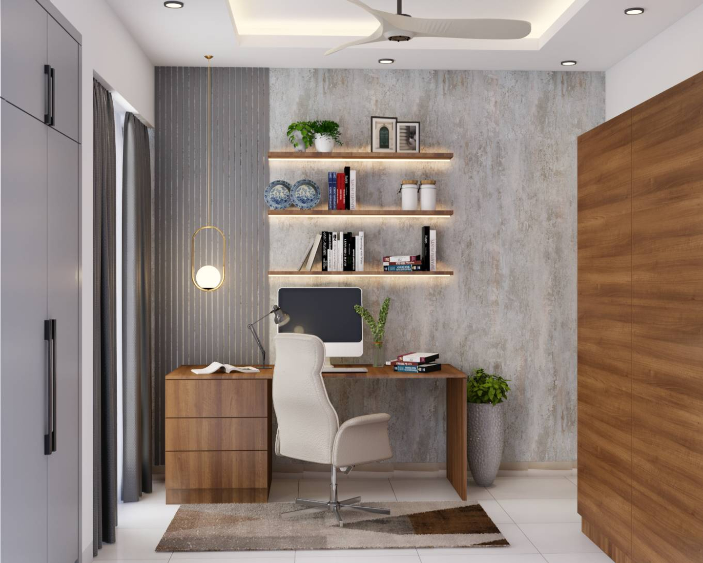 Spacious Home Office Design With Hanging Light | Livspace