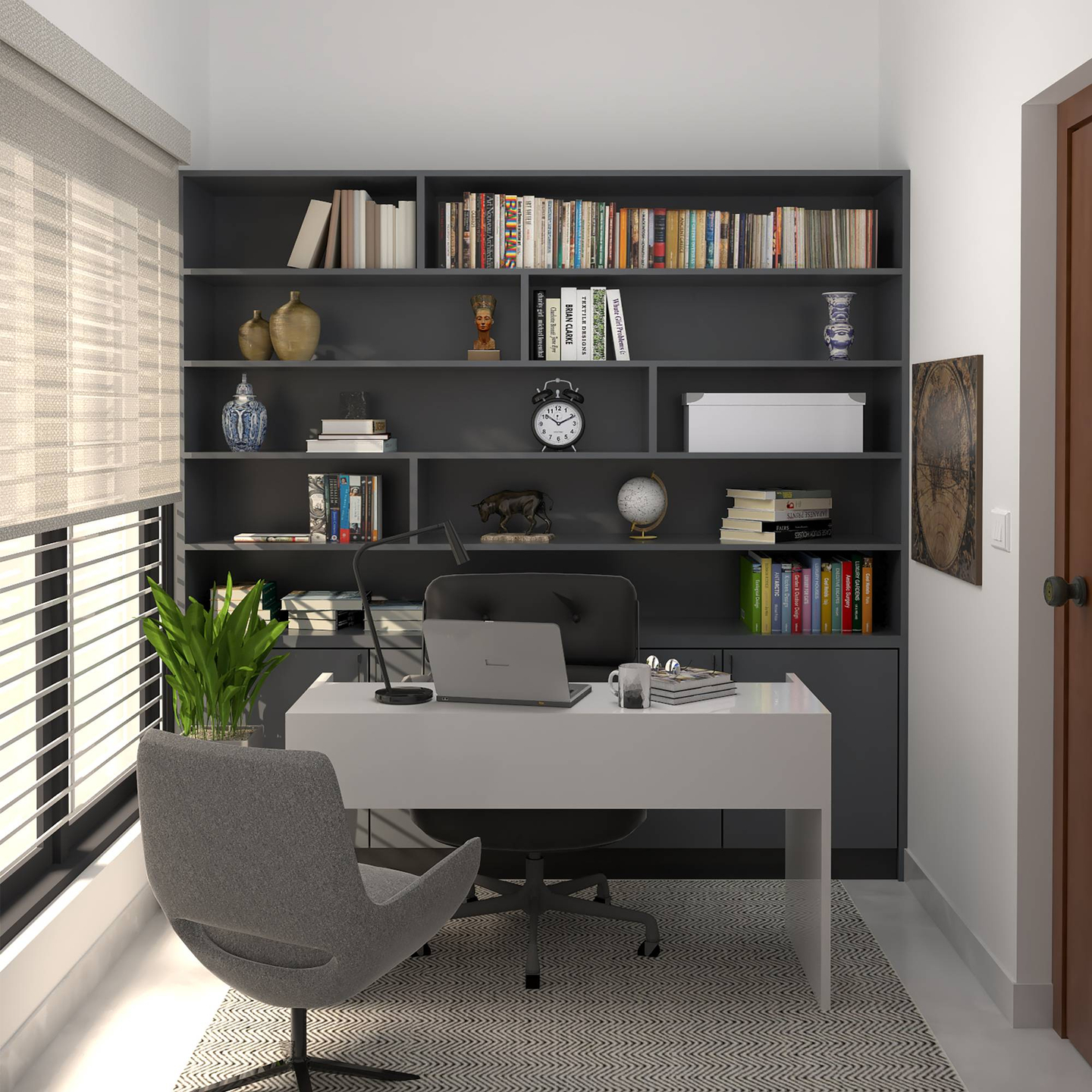 Spacious Study Room Design With Grey Study And Bookshelf | Livspace