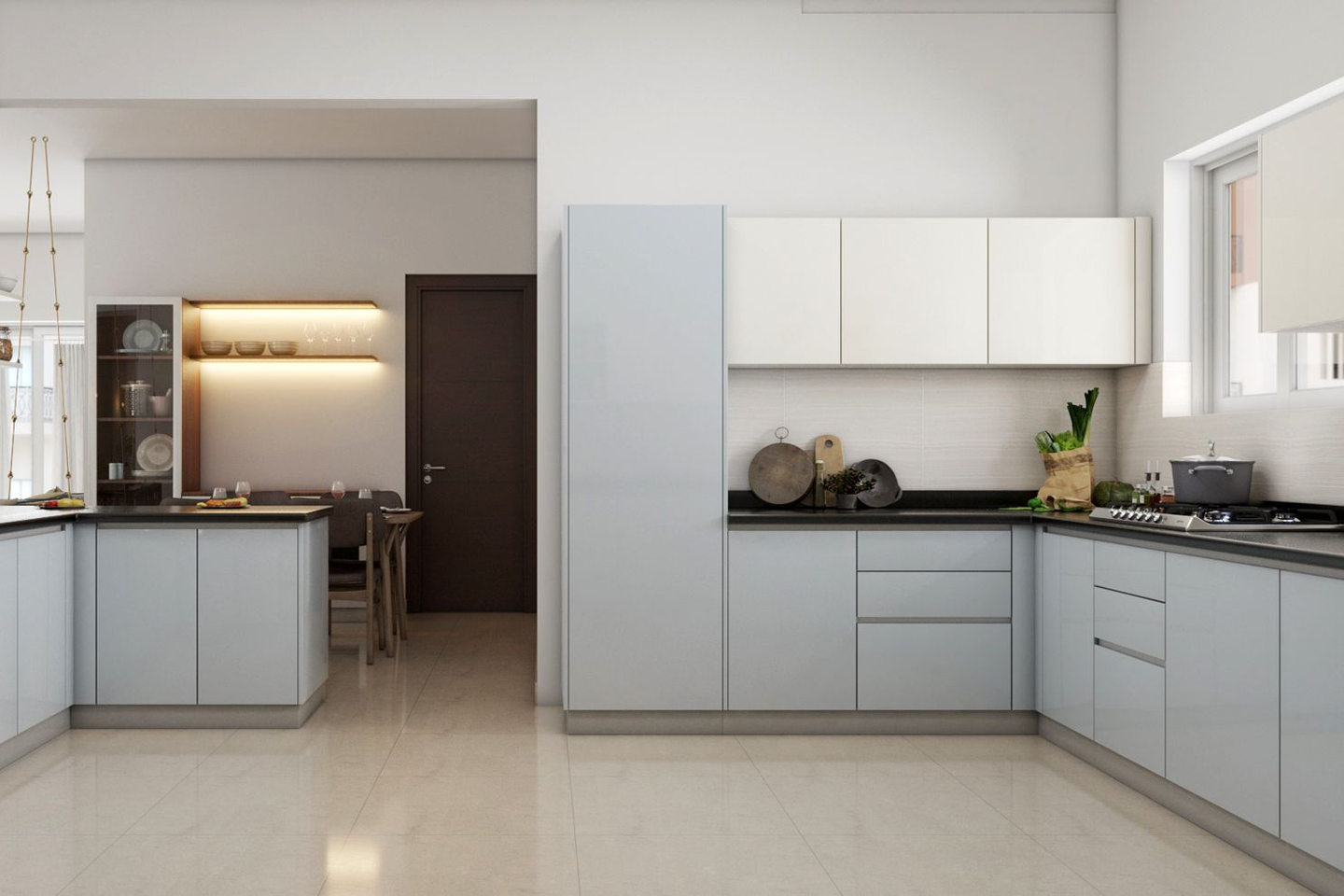 Blue And White Modular Open Kitchen Design