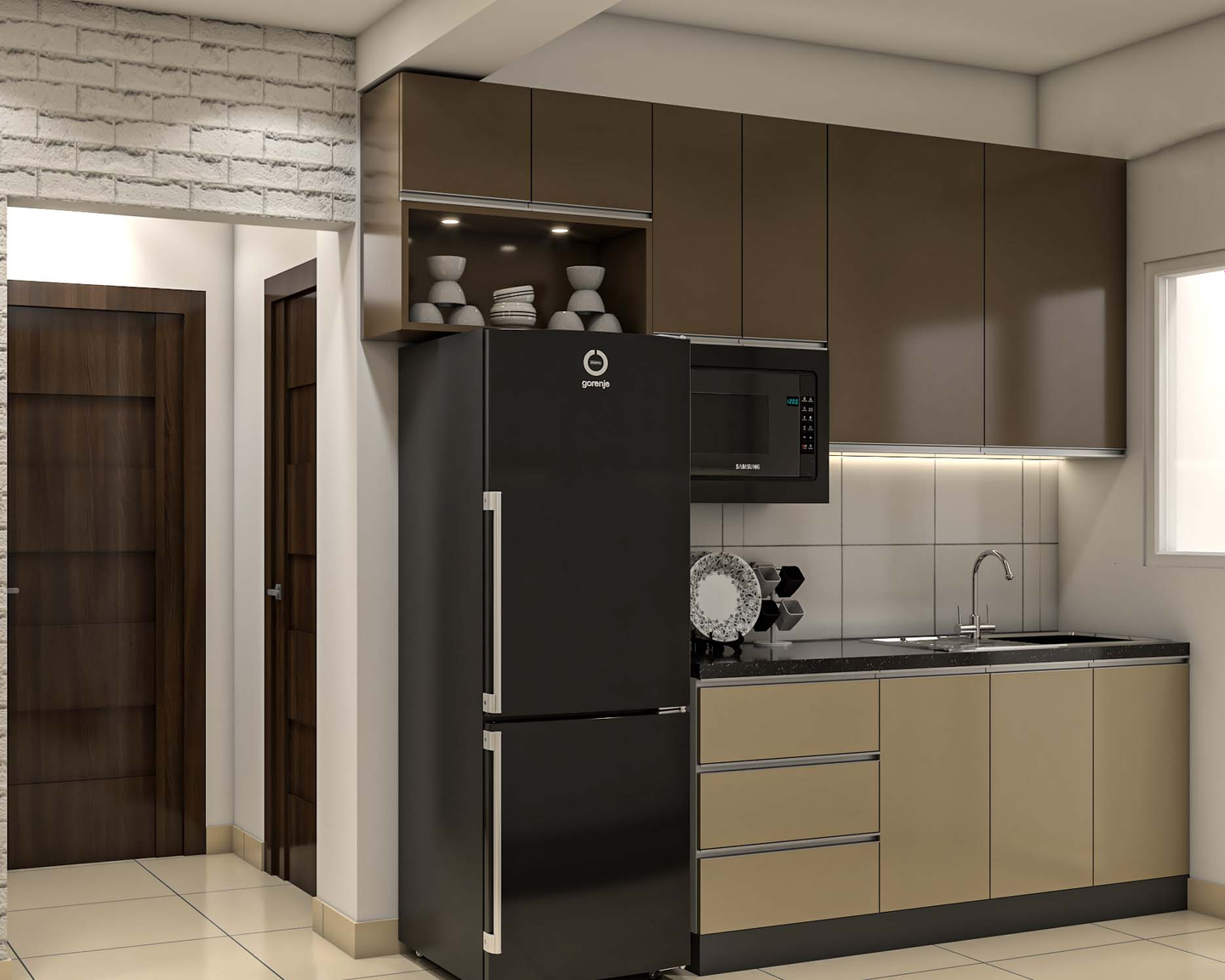 Contemporary Parallel Kitchen Design With A Crockery Unit