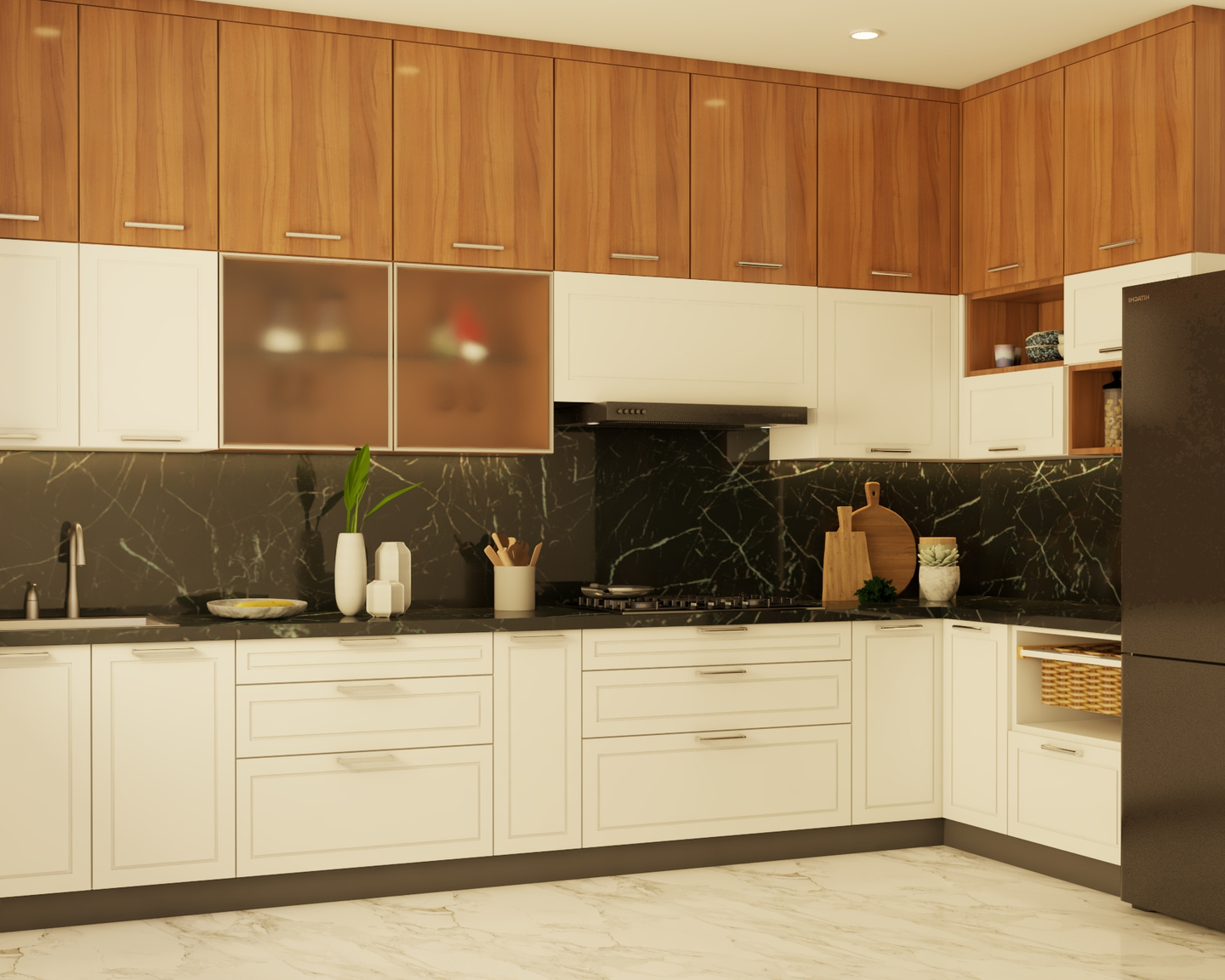 Compact Kitchen Design With White And Wooden Storage Units | Livspace